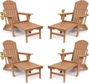 FUNBERRY Adjustable Folding Adirondack Chairs Set of 4 with Retractable Ottoman, All Weather Fire Pit Chairs with Cup Holder