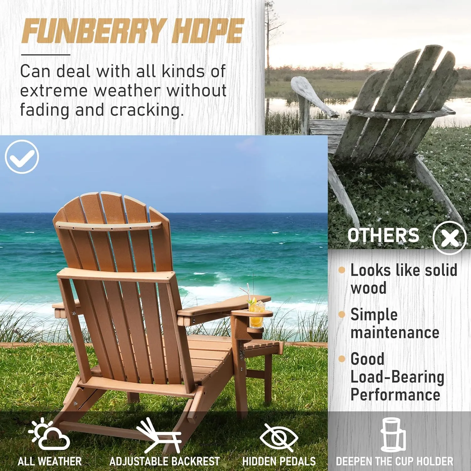 FUNBERRY Adjustable Folding Adirondack Chairs Set of 4 with Retractable Ottoman, All Weather Fire Pit Chairs with Cup Holder