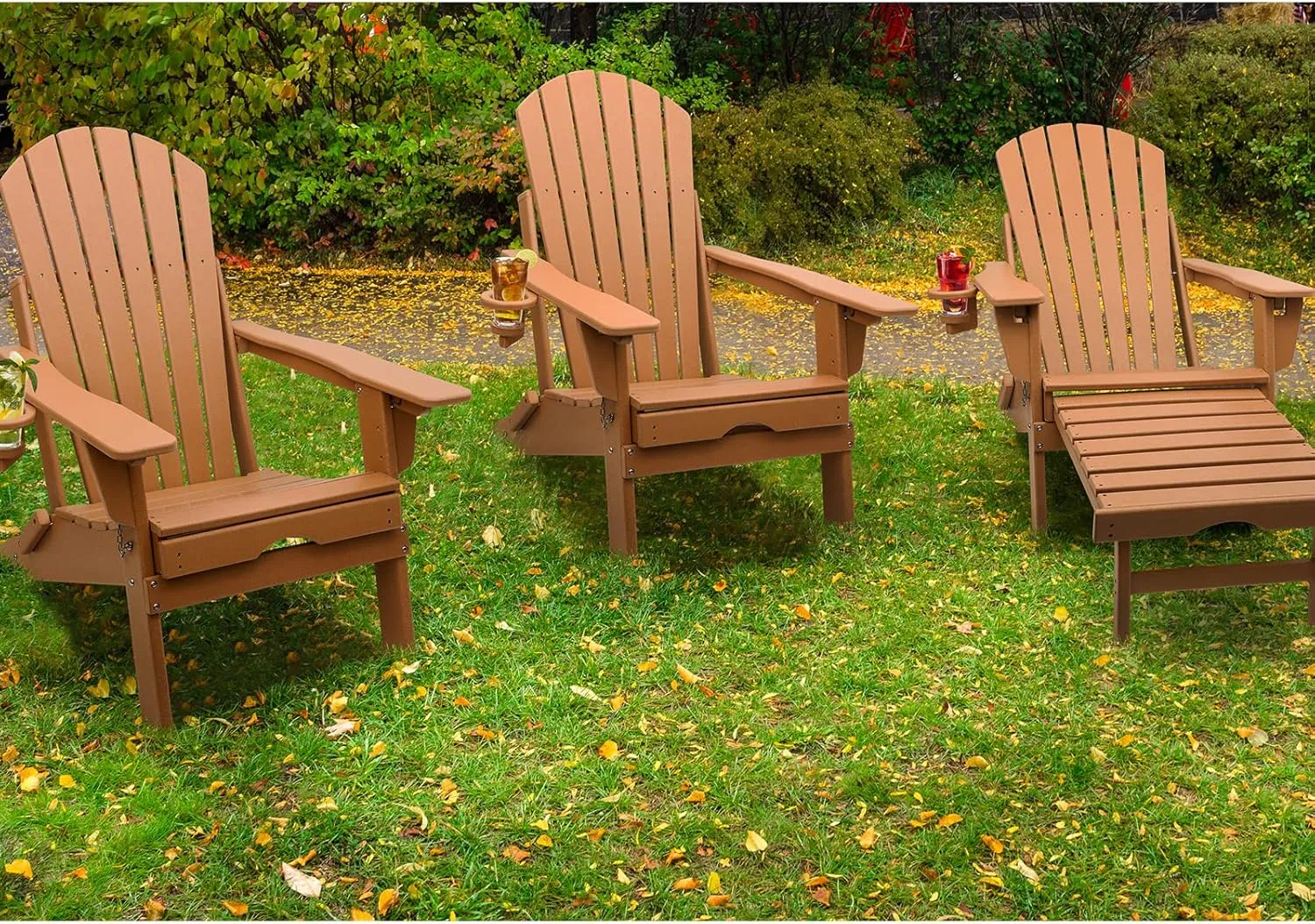FUNBERRY Adjustable Folding Adirondack Chairs Set of 4 with Retractable Ottoman, All Weather Fire Pit Chairs with Cup Holder