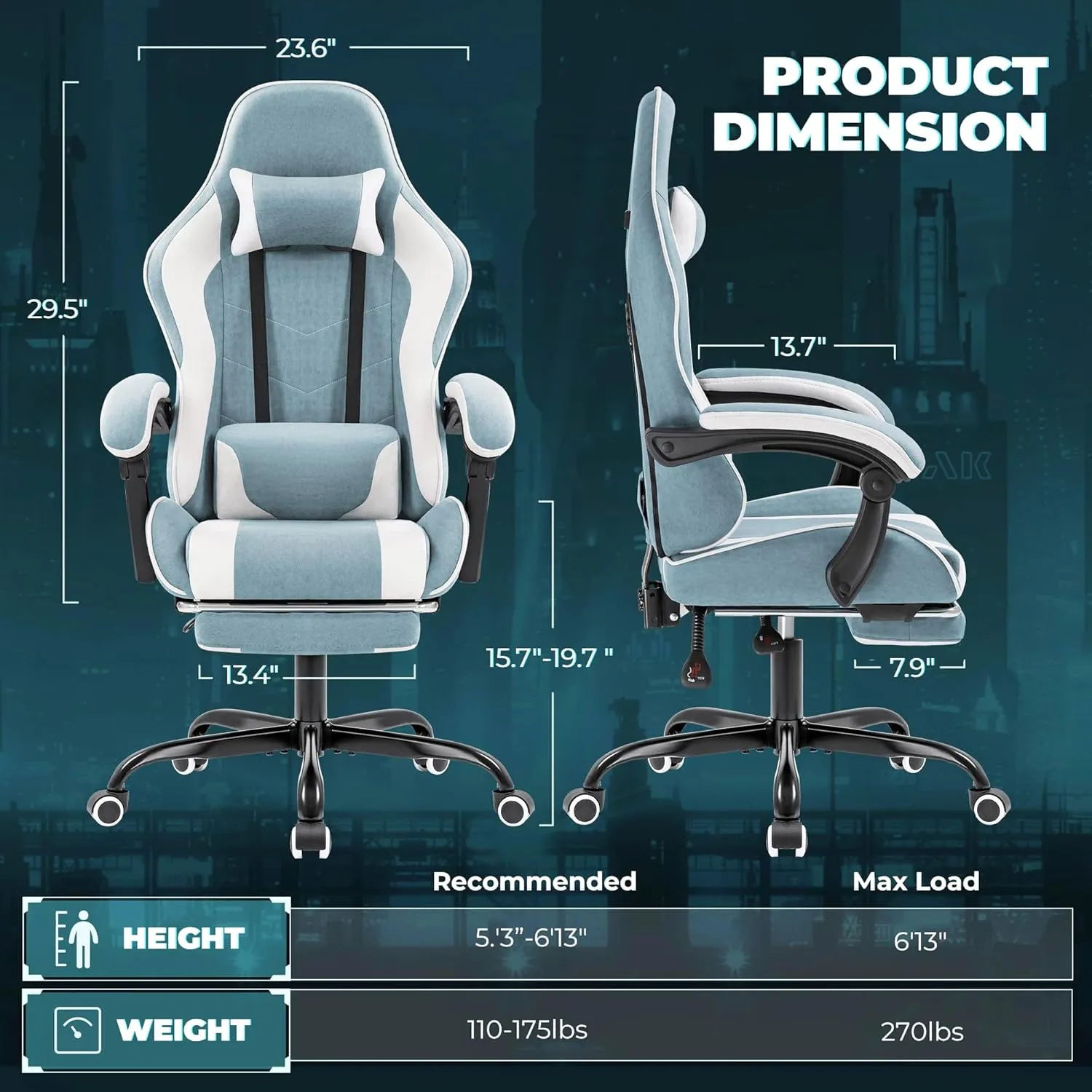 Furmax Fabric Gaming Chair with Footrest, Video Game Chair with Massage Lumbar Support and Adjustable Headrest, Ergonomic Racing Style Computer Chair (Blue)