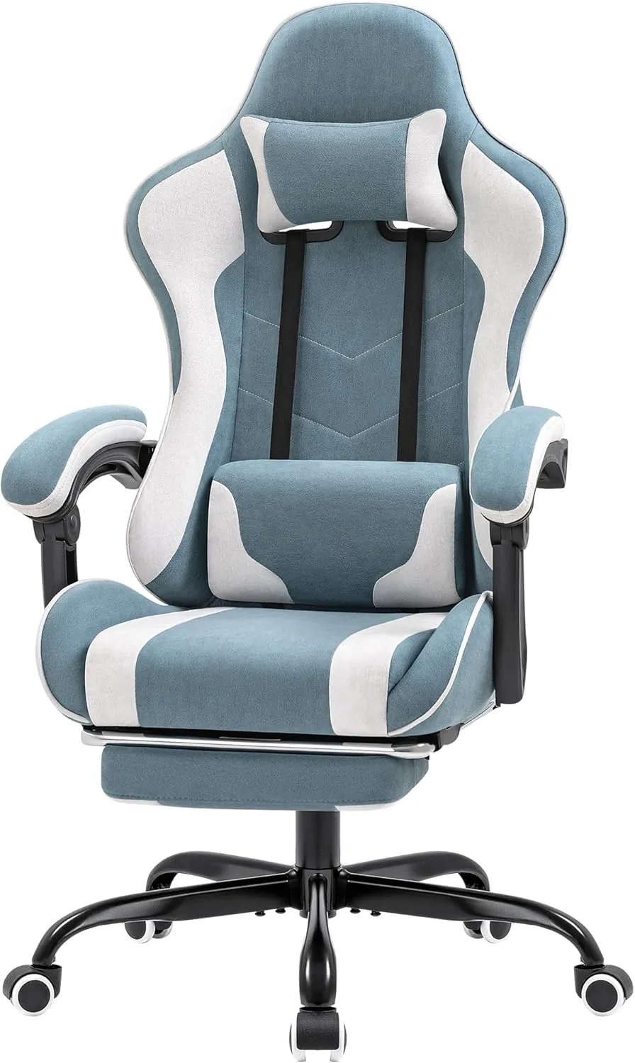 Furmax Fabric Gaming Chair with Footrest, Video Game Chair with Massage Lumbar Support and Adjustable Headrest, Ergonomic Racing Style Computer Chair (Blue)