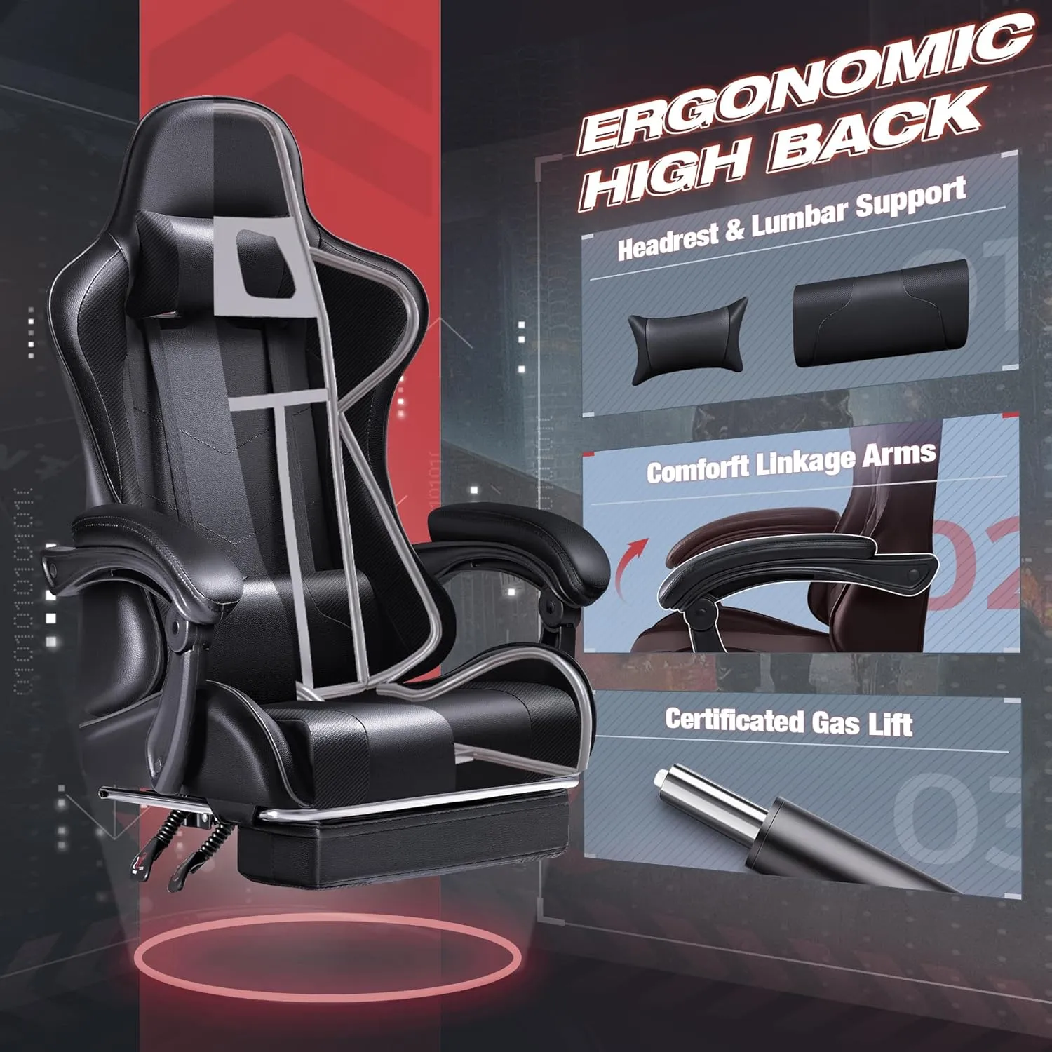 Furmax Gaming Chair, Video Game Chair with Footrest and Massage Lumbar Support, Swivel Seat Height Adjustable Computer Chair with Headrest, Racing E-Sport Gamer Chair (Black)