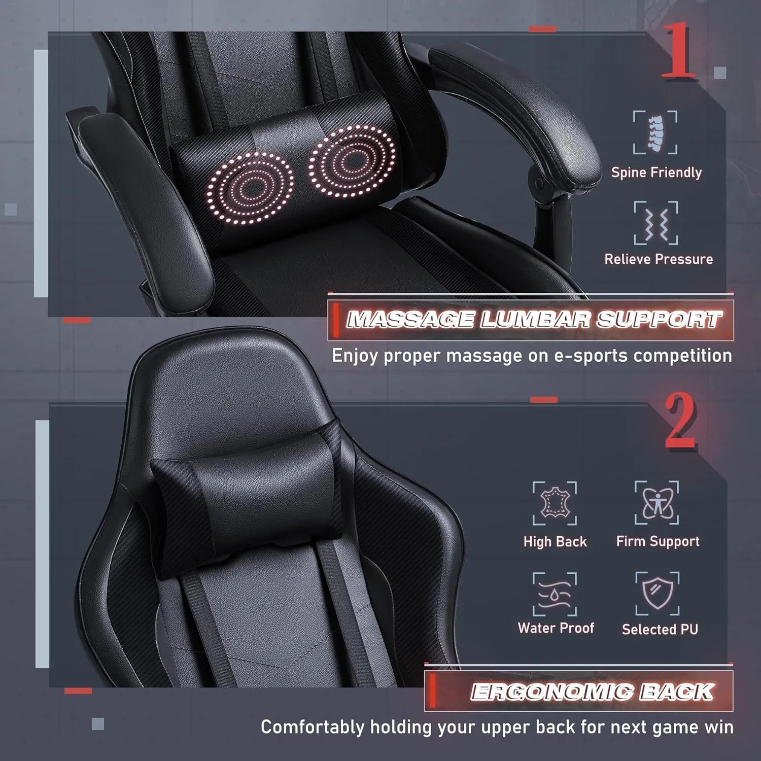 Furmax Gaming Chair, Video Game Chair with Footrest and Massage Lumbar Support, Swivel Seat Height Adjustable Computer Chair with Headrest, Racing E-Sport Gamer Chair (Black)