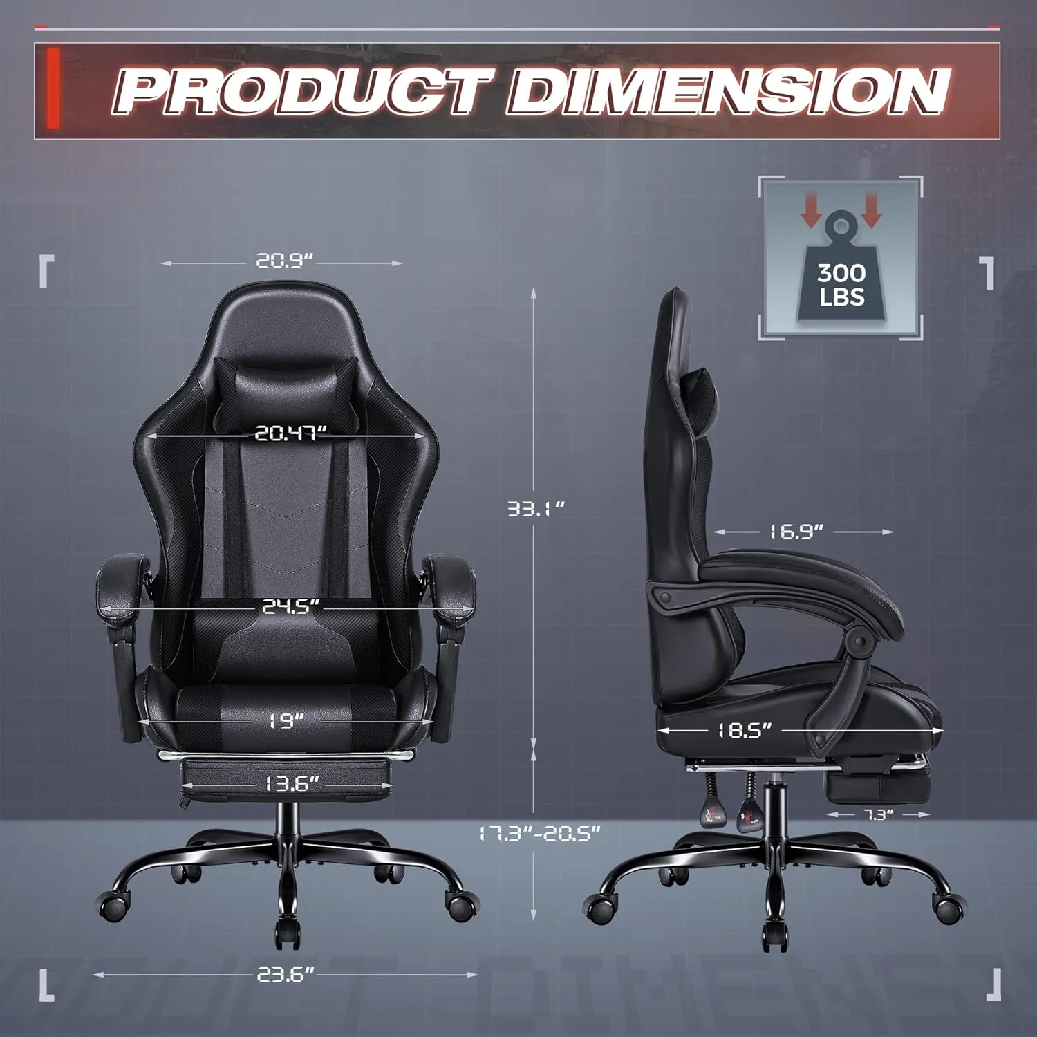 Furmax Gaming Chair, Video Game Chair with Footrest and Massage Lumbar Support, Swivel Seat Height Adjustable Computer Chair with Headrest, Racing E-Sport Gamer Chair (Black)