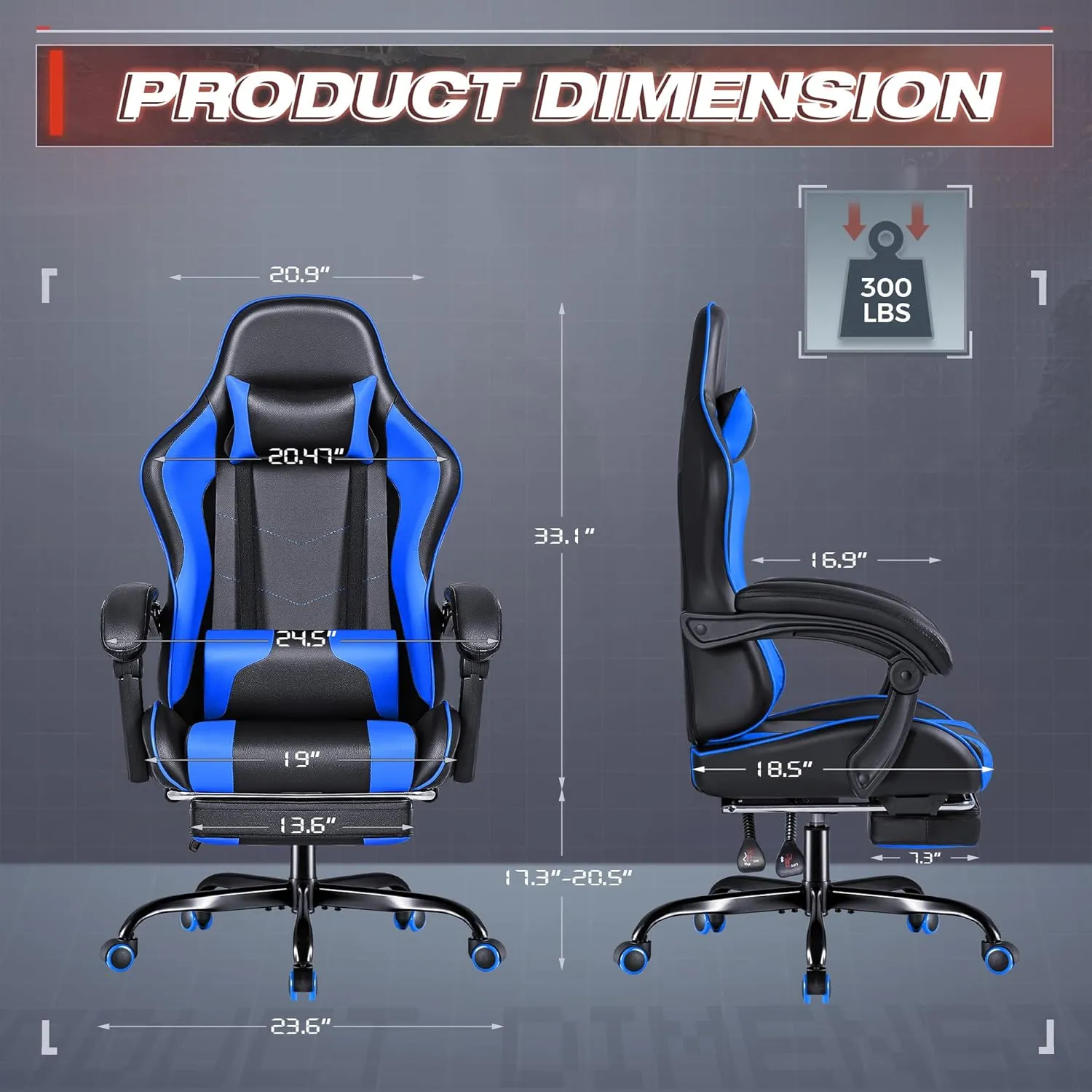 Furmax Gaming Chair, Video Game Chair with Footrest and Massage Lumbar Support, Swivel Seat Height Adjustable Computer Chair with Headrest, Racing E-Sport Gamer Chair (Blue)