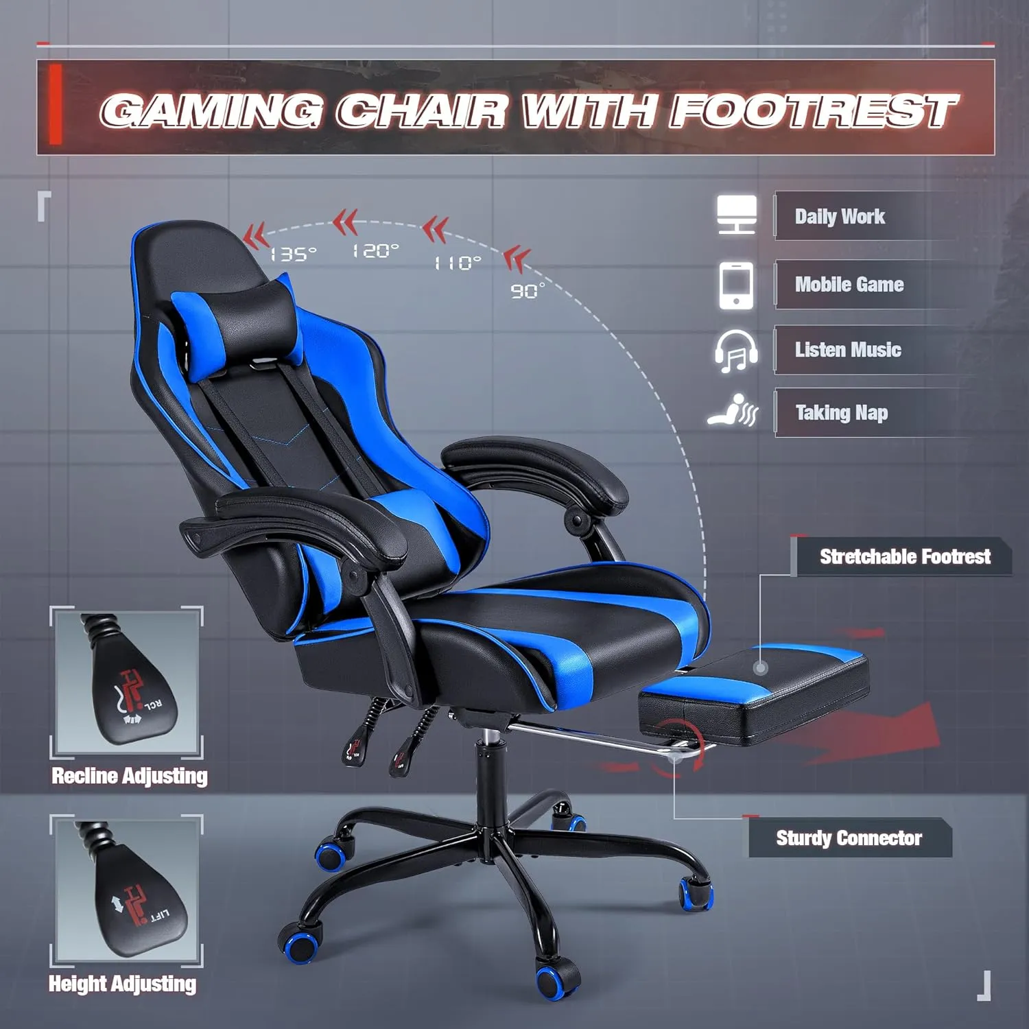 Furmax Gaming Chair, Video Game Chair with Footrest and Massage Lumbar Support, Swivel Seat Height Adjustable Computer Chair with Headrest, Racing E-Sport Gamer Chair (Blue)