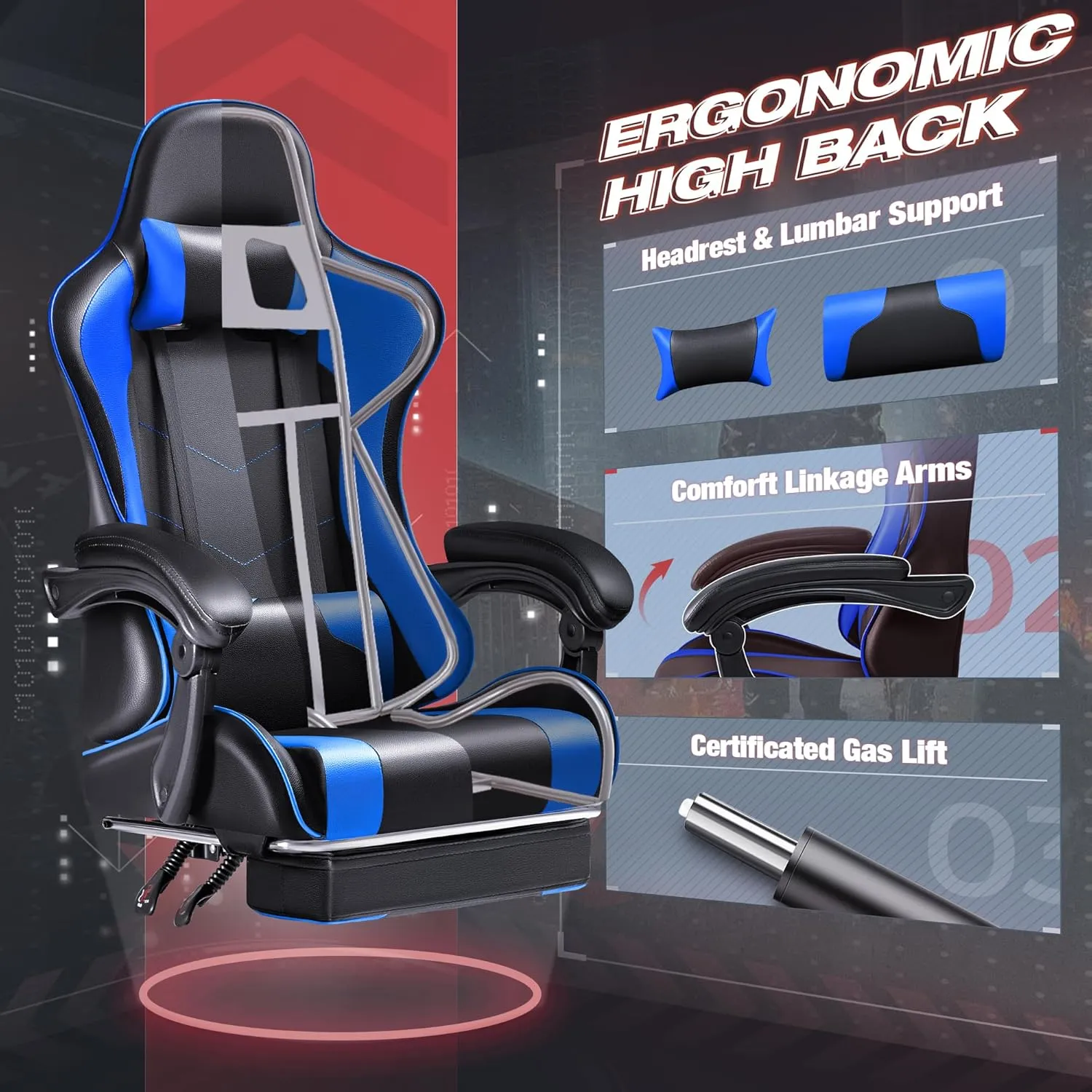 Furmax Gaming Chair, Video Game Chair with Footrest and Massage Lumbar Support, Swivel Seat Height Adjustable Computer Chair with Headrest, Racing E-Sport Gamer Chair (Blue)