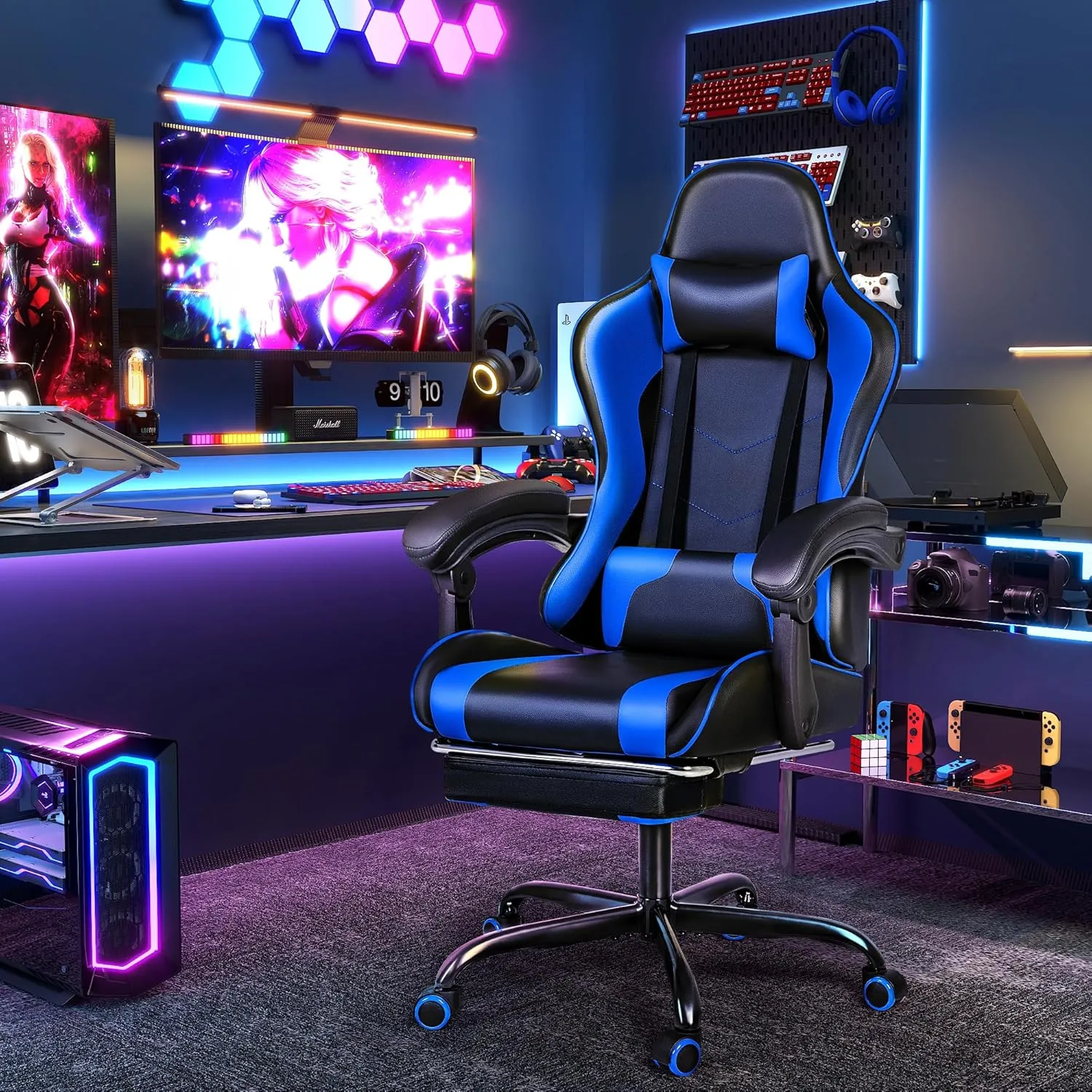 Furmax Gaming Chair, Video Game Chair with Footrest and Massage Lumbar Support, Swivel Seat Height Adjustable Computer Chair with Headrest, Racing E-Sport Gamer Chair (Blue)
