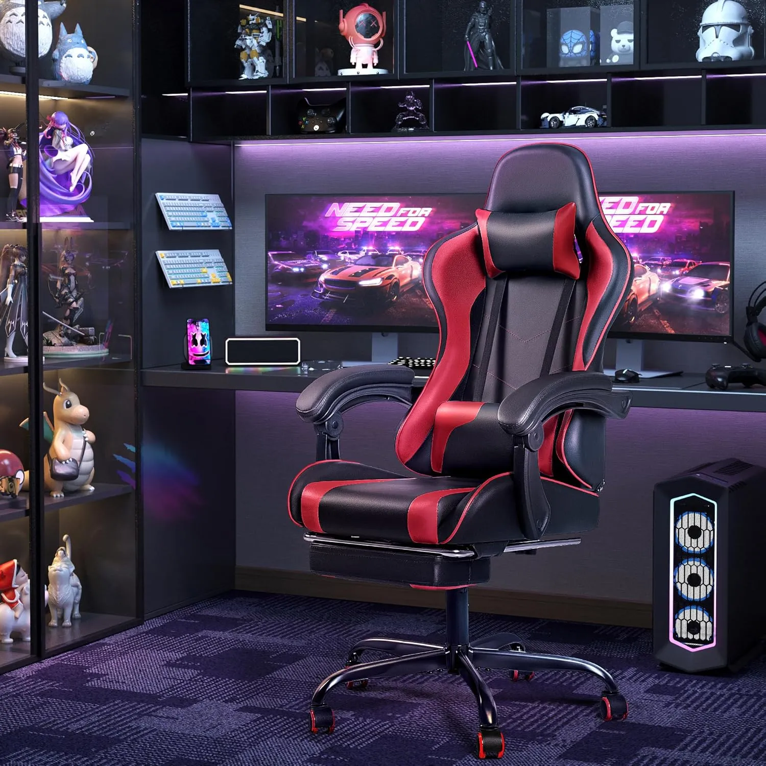 Furmax Gaming Chair, Video Game Chair with Footrest and Massage Lumbar Support, Swivel Seat Height Adjustable Computer Chair with Headrest, Racing E-Sport Gamer Chair (Red)