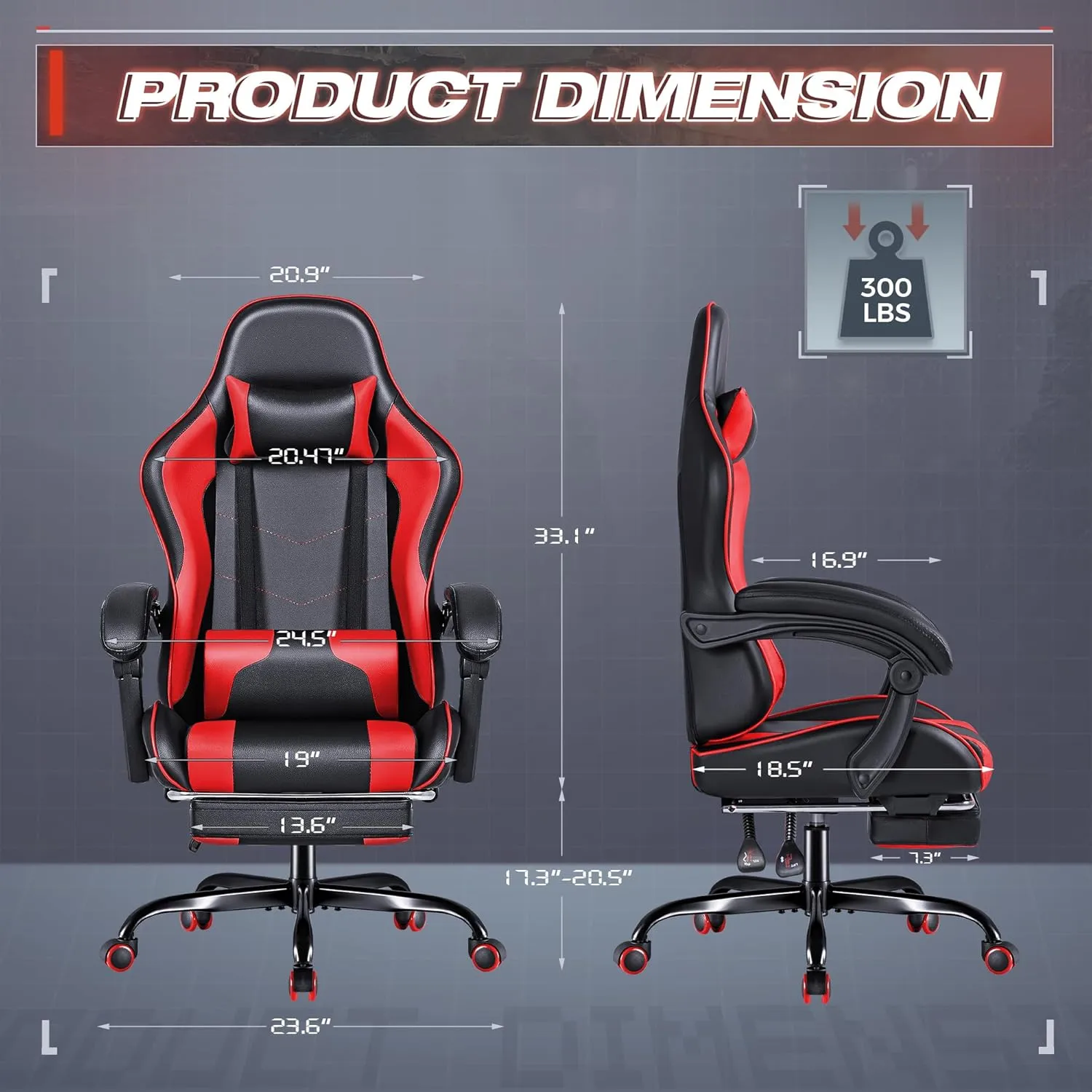 Furmax Gaming Chair, Video Game Chair with Footrest and Massage Lumbar Support, Swivel Seat Height Adjustable Computer Chair with Headrest, Racing E-Sport Gamer Chair (Red)