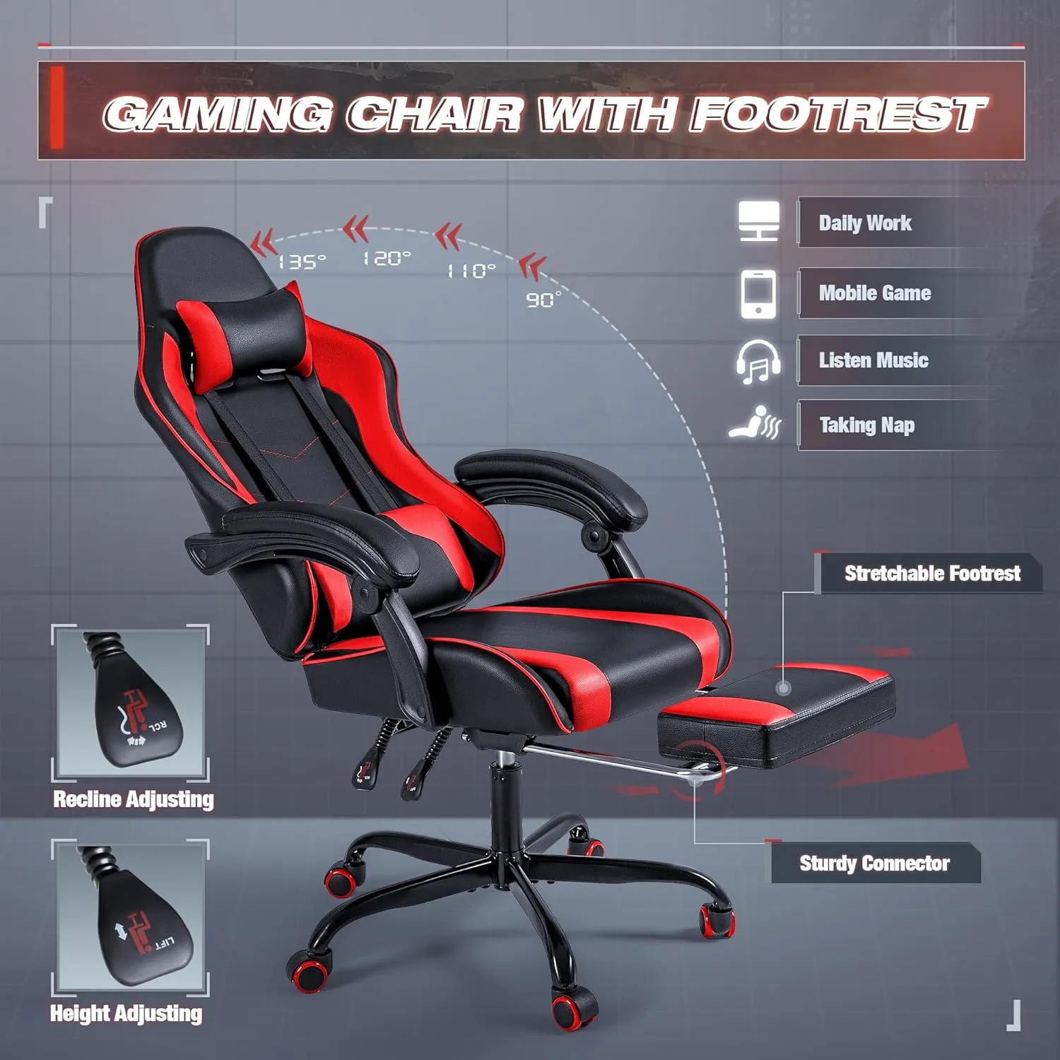 Furmax Gaming Chair, Video Game Chair with Footrest and Massage Lumbar Support, Swivel Seat Height Adjustable Computer Chair with Headrest, Racing E-Sport Gamer Chair (Red)