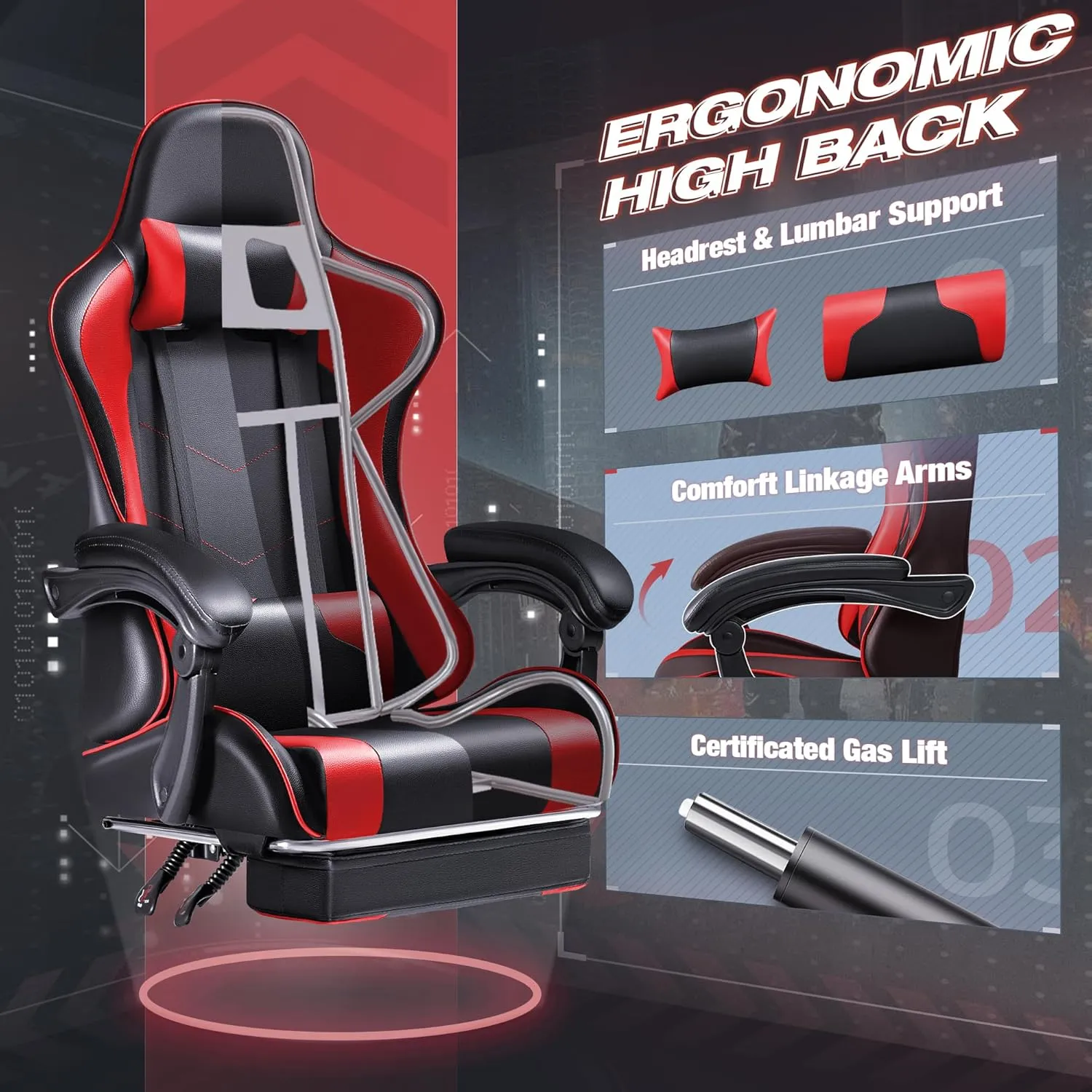 Furmax Gaming Chair, Video Game Chair with Footrest and Massage Lumbar Support, Swivel Seat Height Adjustable Computer Chair with Headrest, Racing E-Sport Gamer Chair (Red)