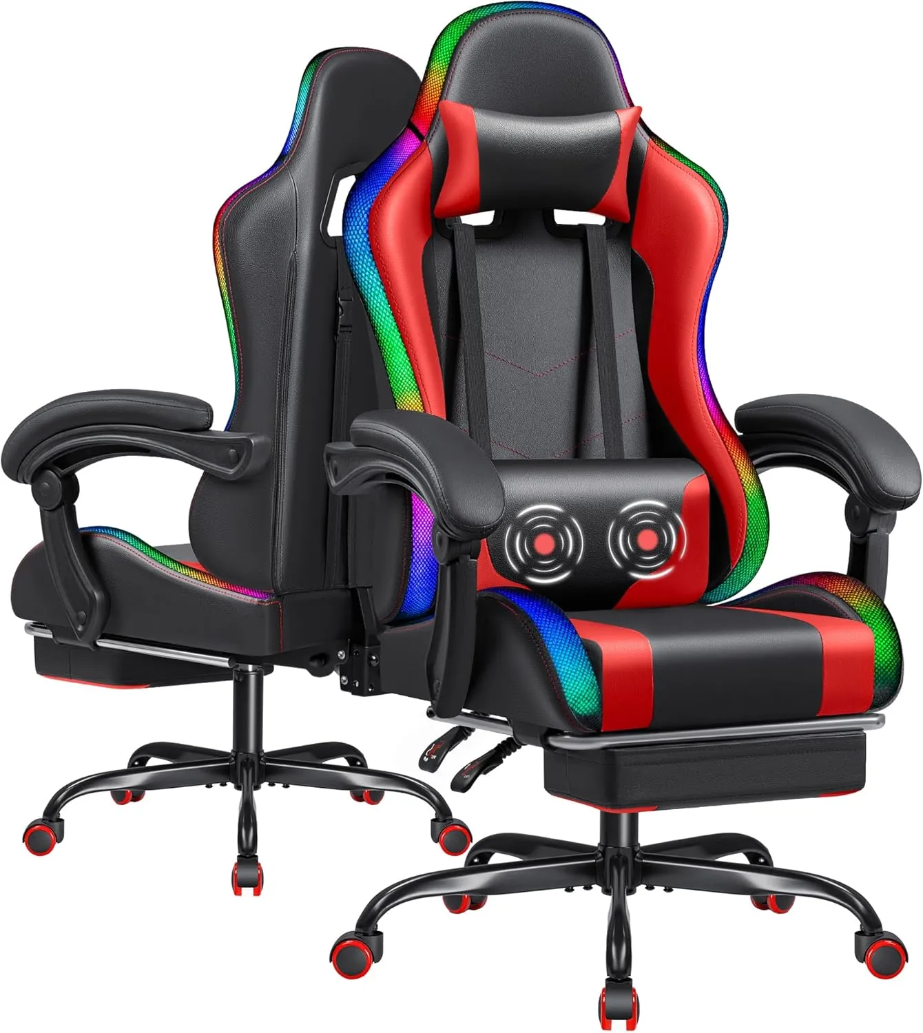 Furmax Gaming Chair with RGB LED Lights, Video Game Chair with Footrest and Massage Lumbar Support, High Back Reclining Computer Chair with Headrest, Swivel Seat Gamer Chair (LED Red)