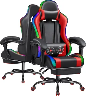 Furmax Gaming Chair with RGB LED Lights, Video Game Chair with Footrest and Massage Lumbar Support, High Back Reclining Computer Chair with Headrest, Swivel Seat Gamer Chair (LED Red)