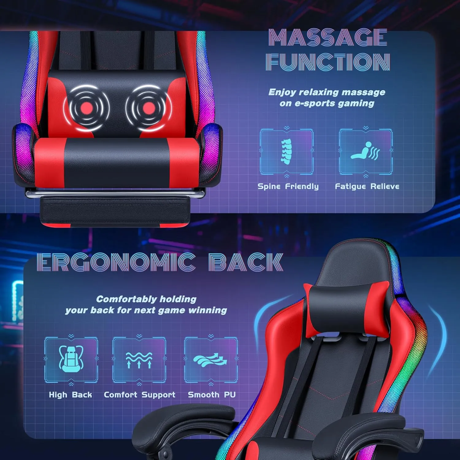 Furmax Gaming Chair with RGB LED Lights, Video Game Chair with Footrest and Massage Lumbar Support, High Back Reclining Computer Chair with Headrest, Swivel Seat Gamer Chair (LED Red)