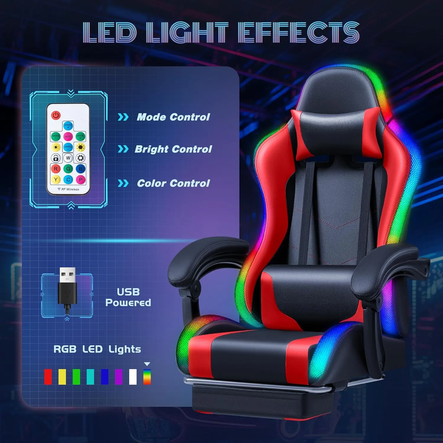 Furmax Gaming Chair with RGB LED Lights, Video Game Chair with Footrest and Massage Lumbar Support, High Back Reclining Computer Chair with Headrest, Swivel Seat Gamer Chair (LED Red)