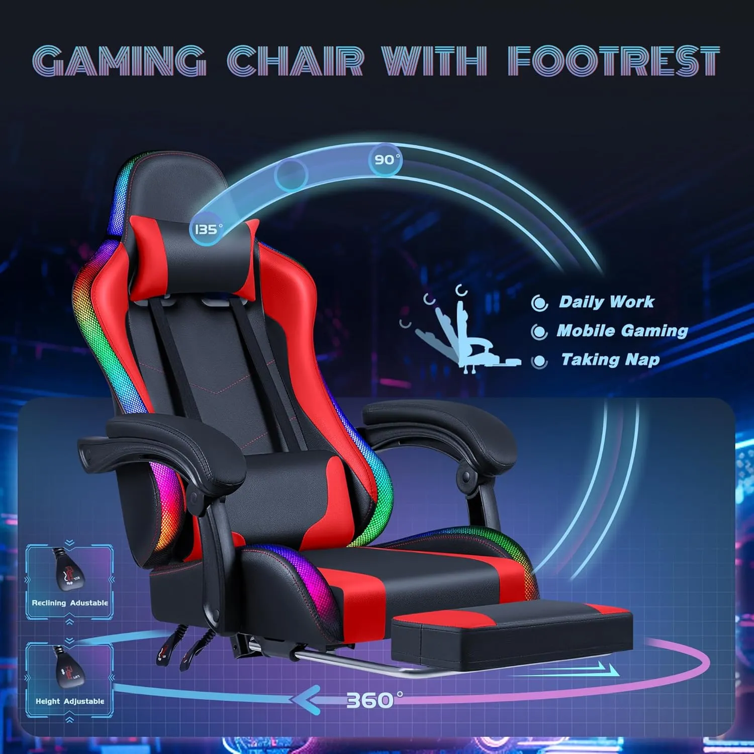 Furmax Gaming Chair with RGB LED Lights, Video Game Chair with Footrest and Massage Lumbar Support, High Back Reclining Computer Chair with Headrest, Swivel Seat Gamer Chair (LED Red)