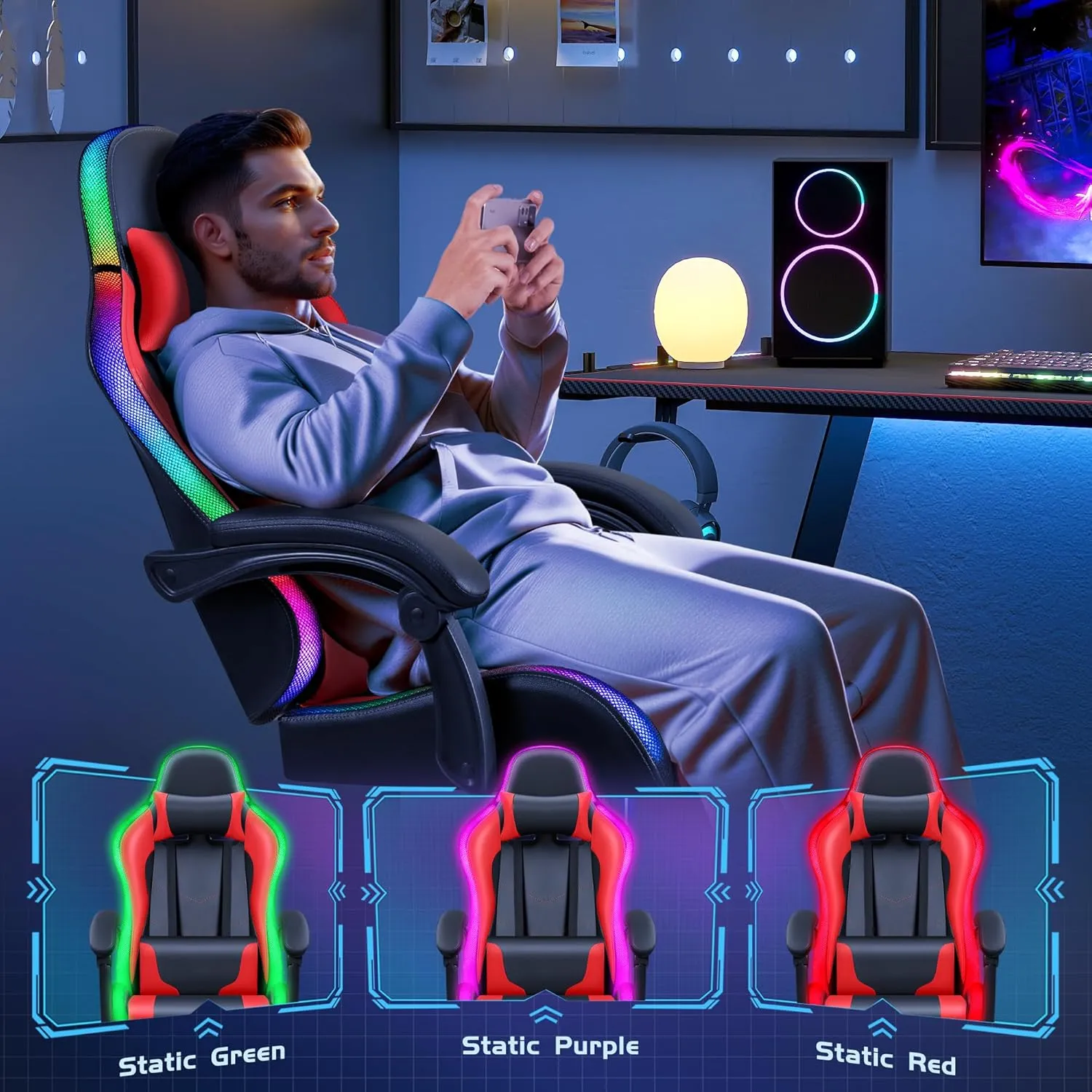 Furmax Gaming Chair with RGB LED Lights, Video Game Chair with Footrest and Massage Lumbar Support, High Back Reclining Computer Chair with Headrest, Swivel Seat Gamer Chair (LED Red)