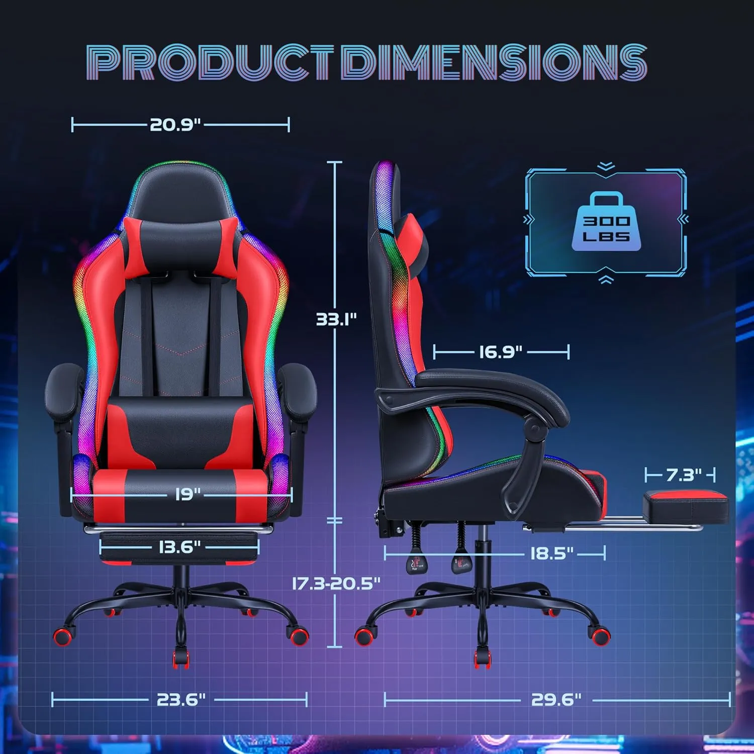 Furmax Gaming Chair with RGB LED Lights, Video Game Chair with Footrest and Massage Lumbar Support, High Back Reclining Computer Chair with Headrest, Swivel Seat Gamer Chair (LED Red)