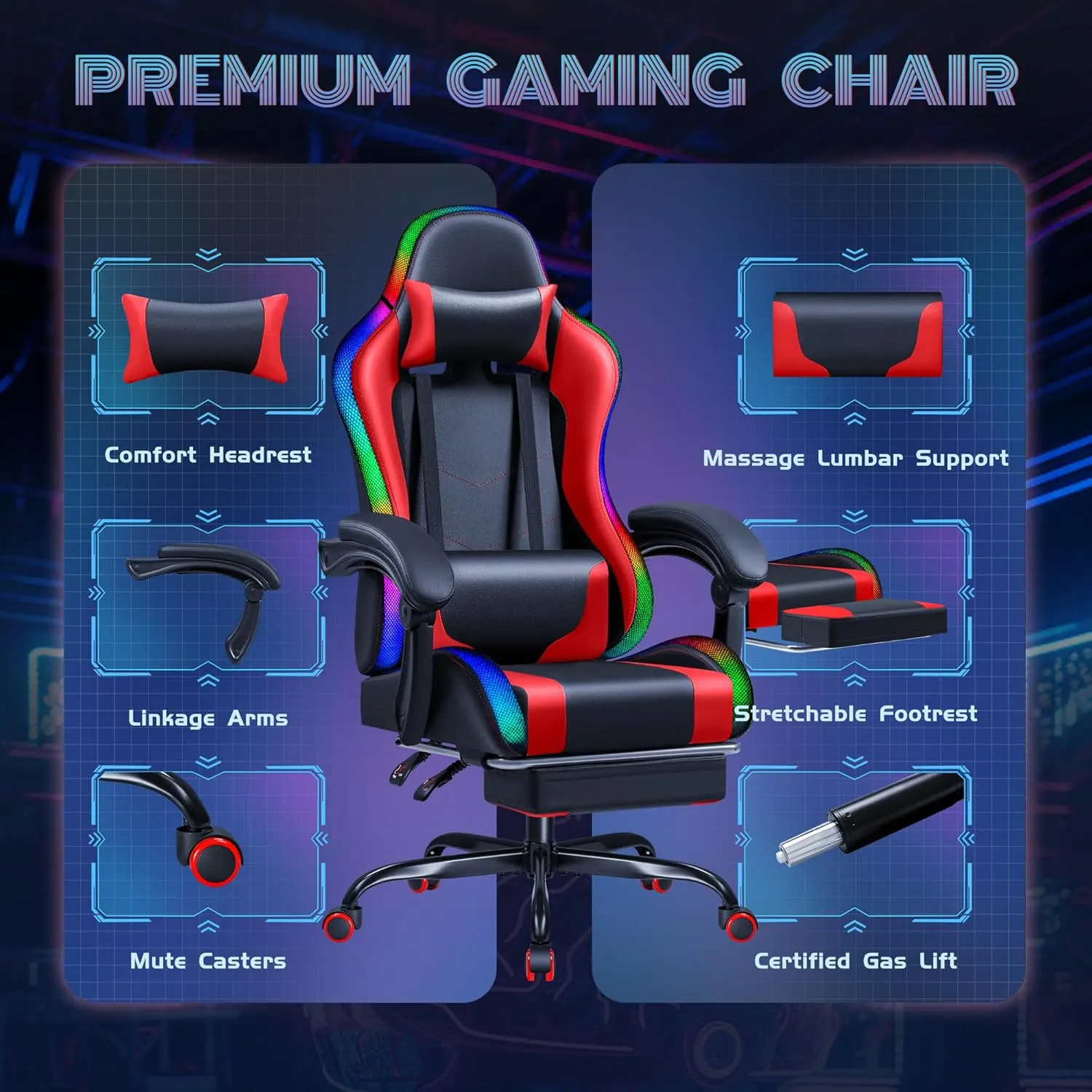 Furmax Gaming Chair with RGB LED Lights, Video Game Chair with Footrest and Massage Lumbar Support, High Back Reclining Computer Chair with Headrest, Swivel Seat Gamer Chair (LED Red)
