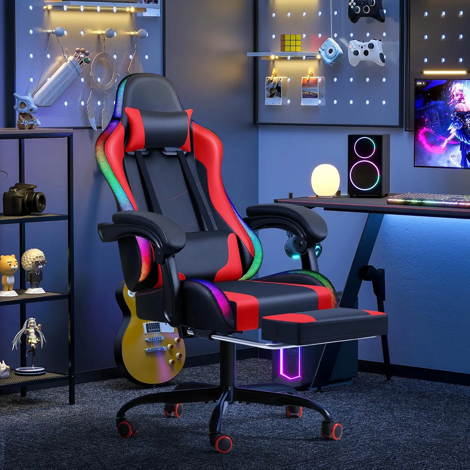 Furmax Gaming Chair with RGB LED Lights, Video Game Chair with Footrest and Massage Lumbar Support, High Back Reclining Computer Chair with Headrest, Swivel Seat Gamer Chair (LED Red)