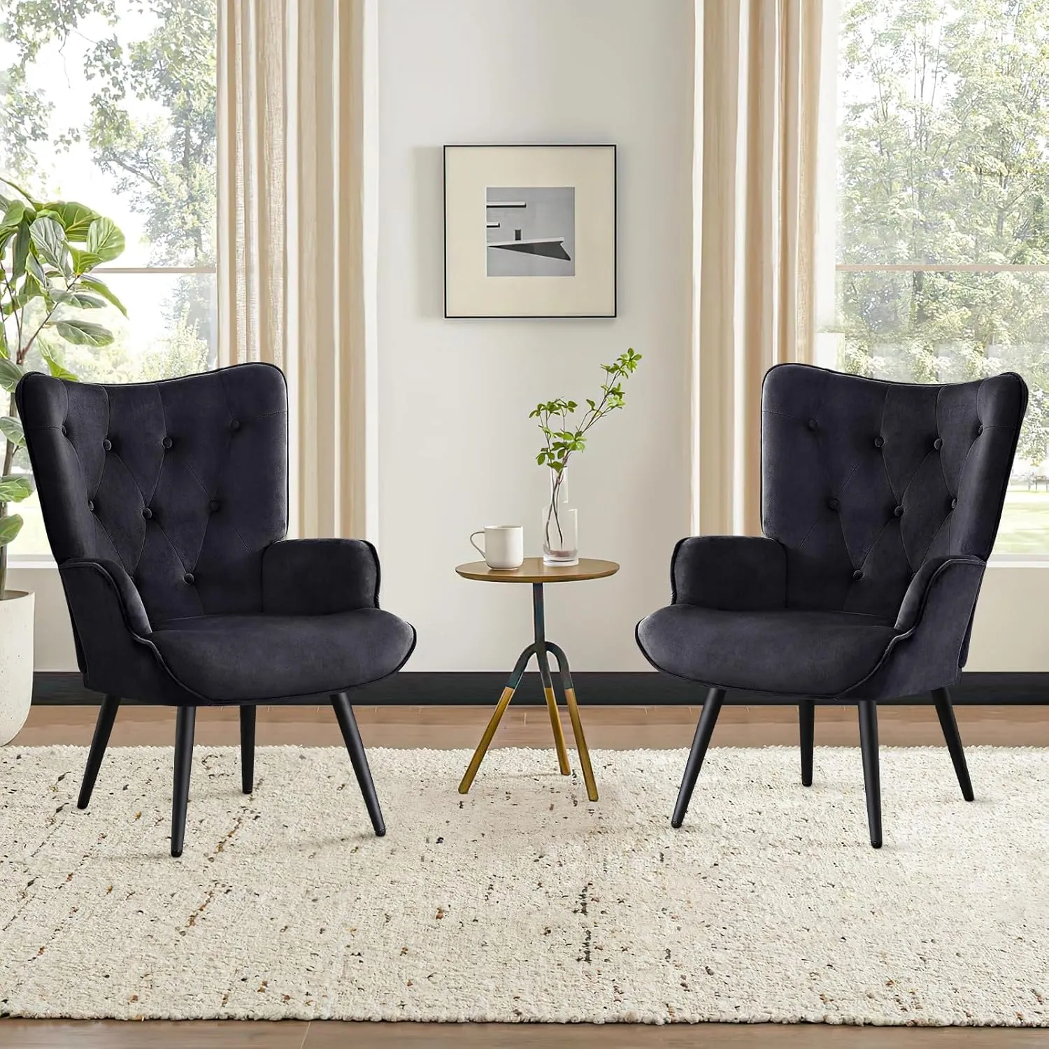 Furniliving Boucle Accent Chair for Living Room, Upholstered Reading Chair with High Backrest, Tufted-Button Wingback Armchair for Bedroom, Dressing Room, Home Office, Black