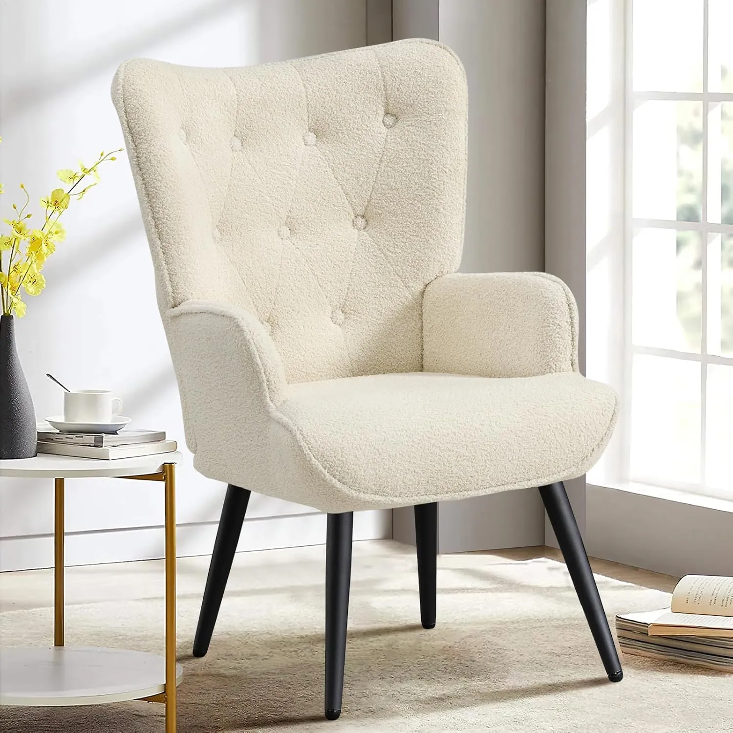 Furniliving Boucle Accent Chair for Living Room, Upholstered Reading Chair with High Backrest, Tufted-Button Wingback Armchair for Bedroom, Dressing Room, Home Office, Ivory White