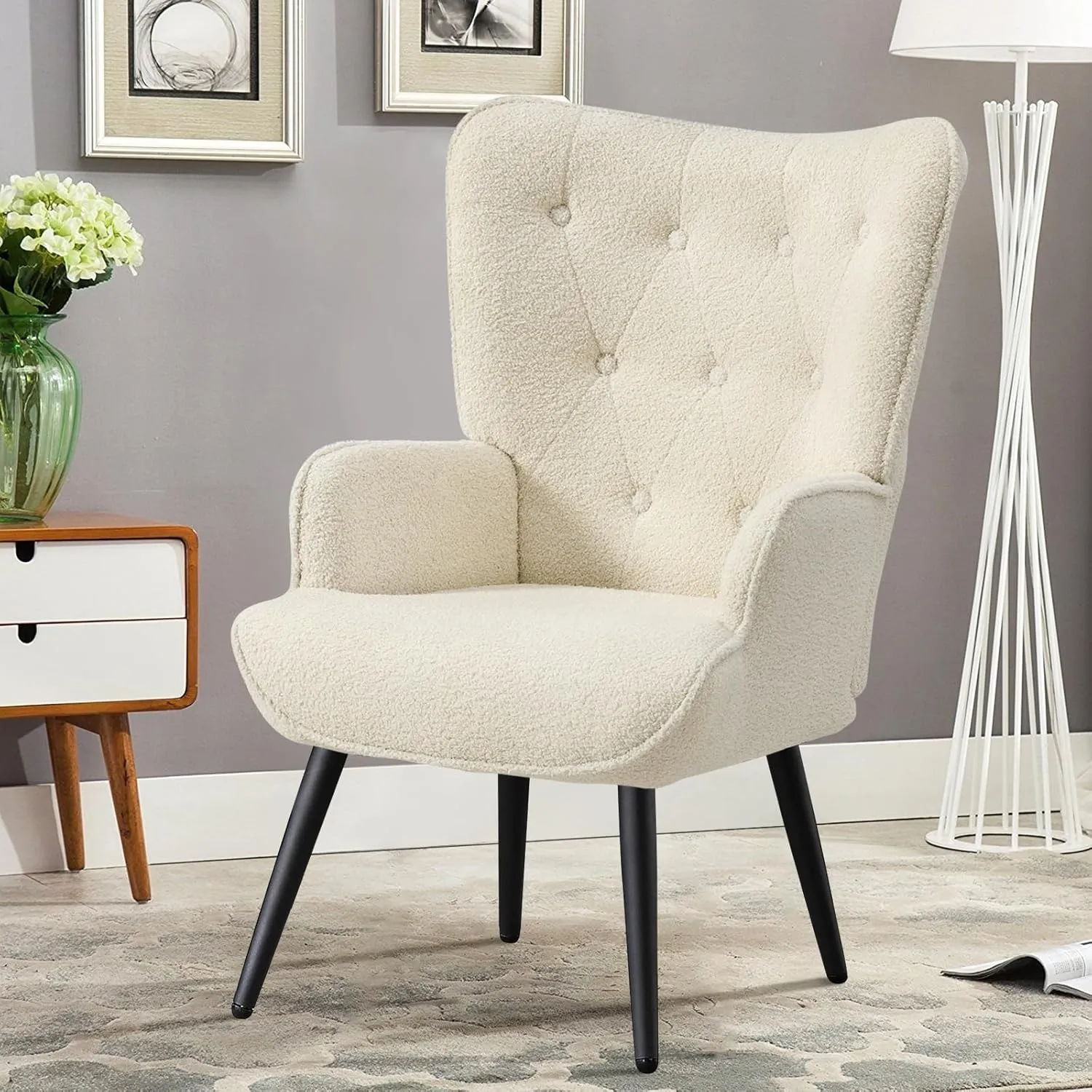 Furniliving Boucle Accent Chair for Living Room, Upholstered Reading Chair with High Backrest, Tufted-Button Wingback Armchair for Bedroom, Dressing Room, Home Office, Ivory White