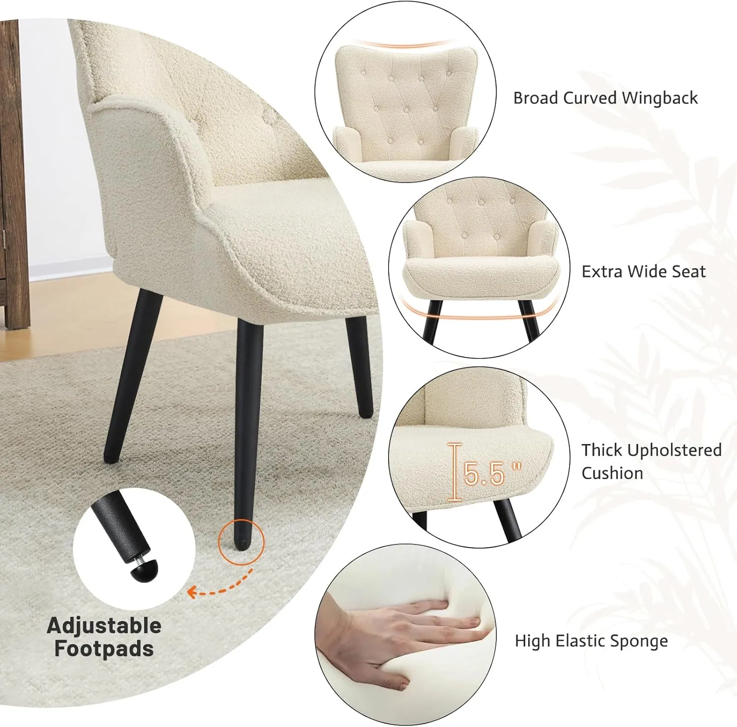 Furniliving Boucle Accent Chair for Living Room, Upholstered Reading Chair with High Backrest, Tufted-Button Wingback Armchair for Bedroom, Dressing Room, Home Office, Ivory White