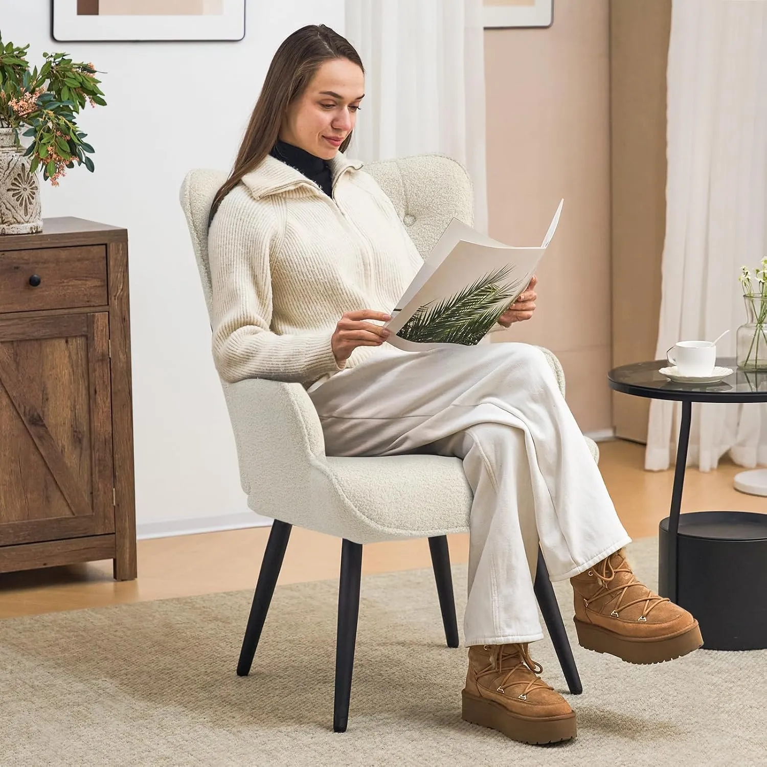 Furniliving Boucle Accent Chair for Living Room, Upholstered Reading Chair with High Backrest, Tufted-Button Wingback Armchair for Bedroom, Dressing Room, Home Office, Ivory White