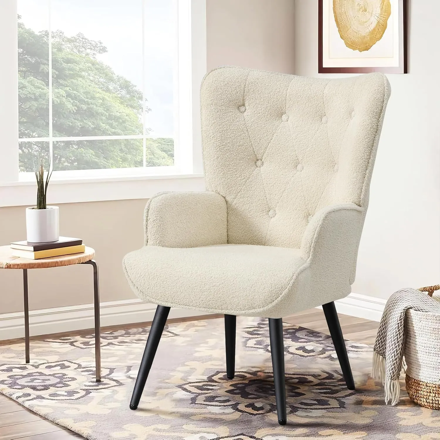 Furniliving Boucle Accent Chair for Living Room, Upholstered Reading Chair with High Backrest, Tufted-Button Wingback Armchair for Bedroom, Dressing Room, Home Office, Ivory White