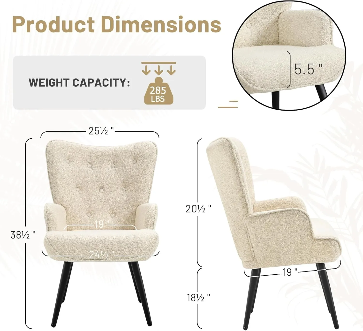 Furniliving Boucle Accent Chair for Living Room, Upholstered Reading Chair with High Backrest, Tufted-Button Wingback Armchair for Bedroom, Dressing Room, Home Office, Ivory White