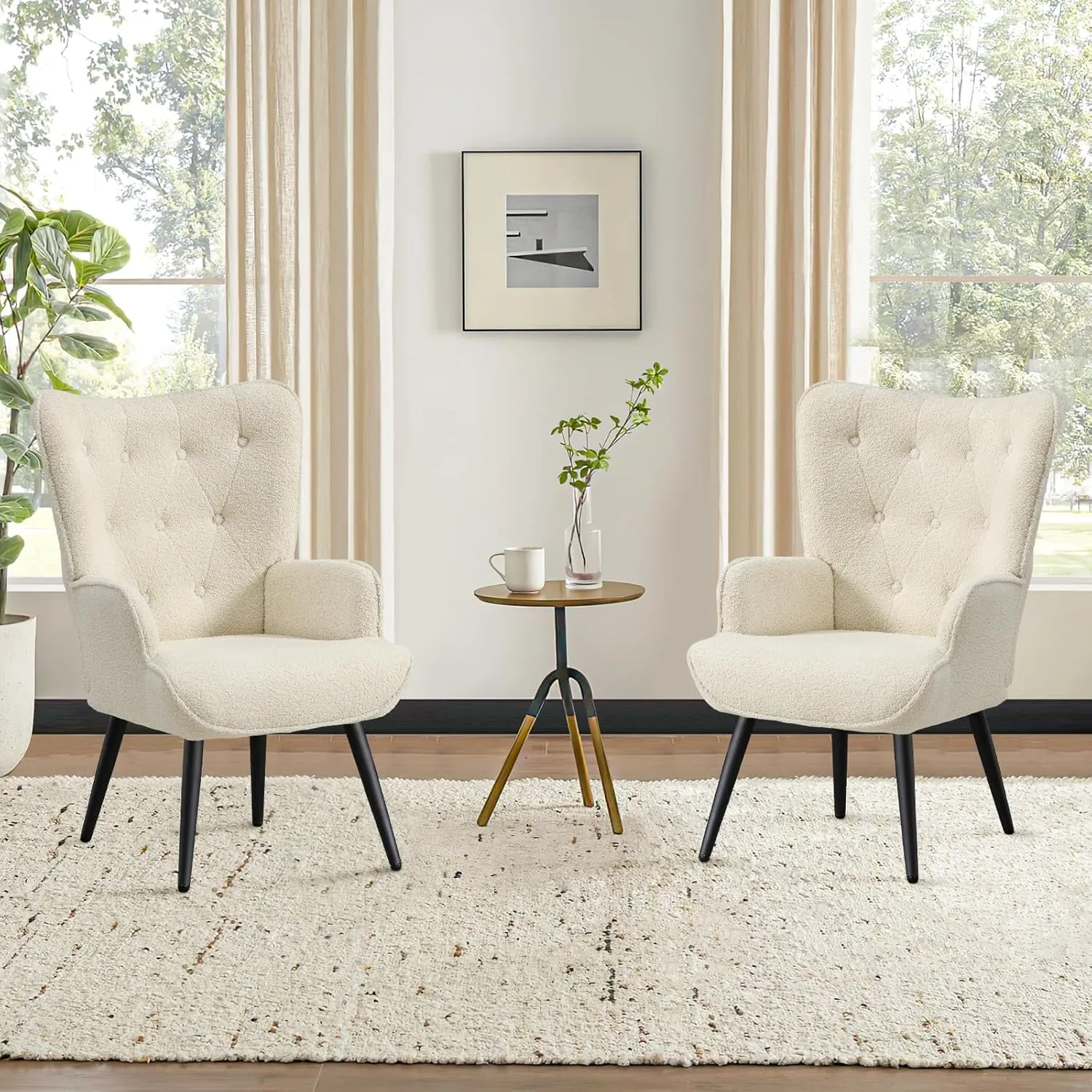 Furniliving Boucle Accent Chair for Living Room, Upholstered Reading Chair with High Backrest, Tufted-Button Wingback Armchair for Bedroom, Dressing Room, Home Office, Ivory White