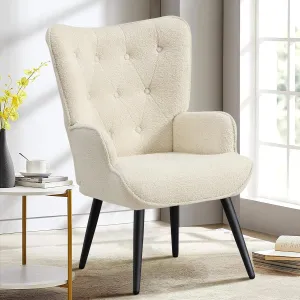 Furniliving Boucle Accent Chair for Living Room, Upholstered Reading Chair with High Backrest, Tufted-Button Wingback Armchair for Bedroom, Dressing Room, Home Office, Ivory White