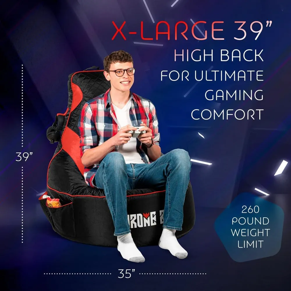 Gaming Bean Bag Chair for Adults and Teens [Cover ONLY No Filling] - High Back Beanbag or Dorm Chair with Cup Holder for Gamers (Black/Red)