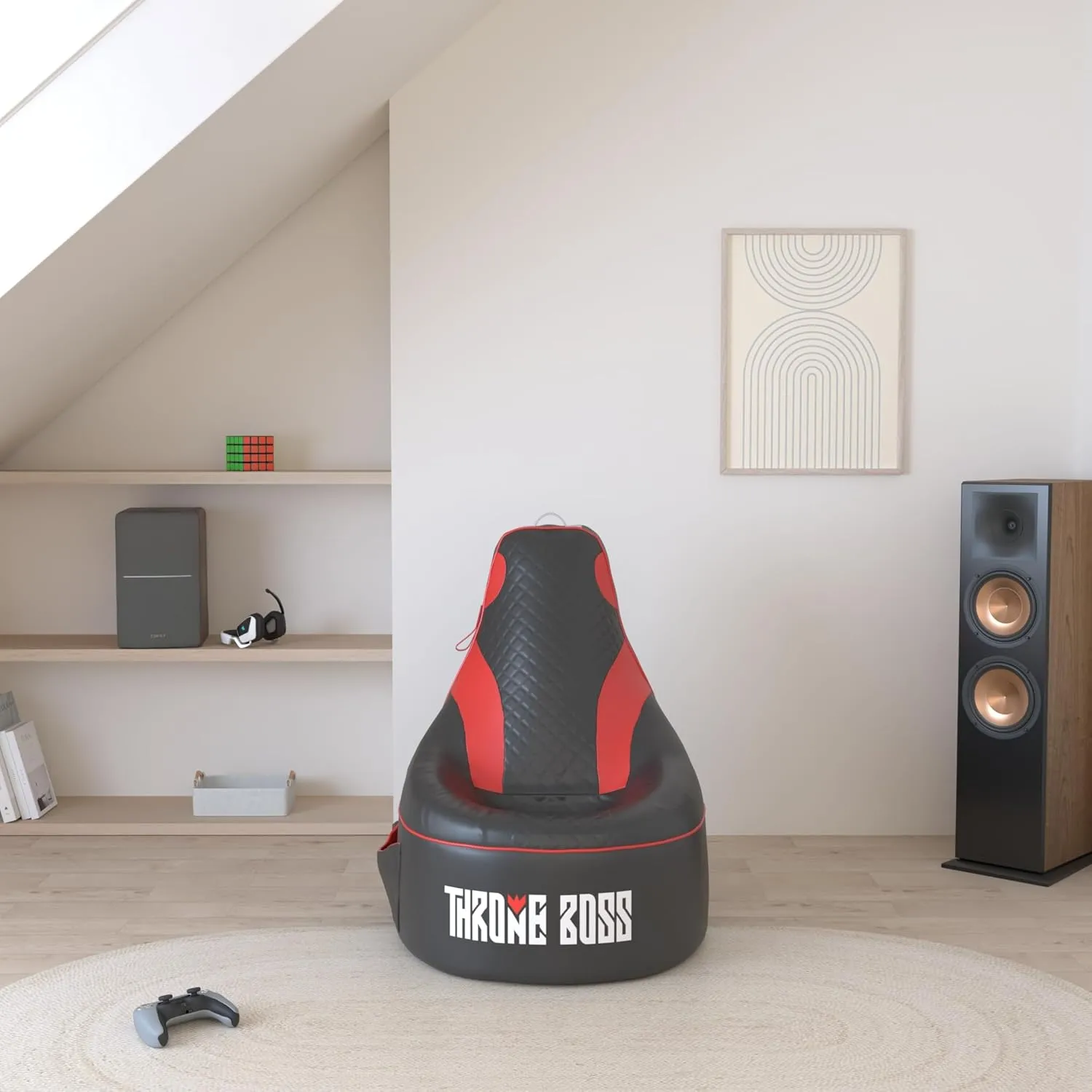 Gaming Bean Bag Chair for Adults and Teens [Cover ONLY No Filling] - High Back Beanbag or Dorm Chair with Cup Holder for Gamers (Black/Red)
