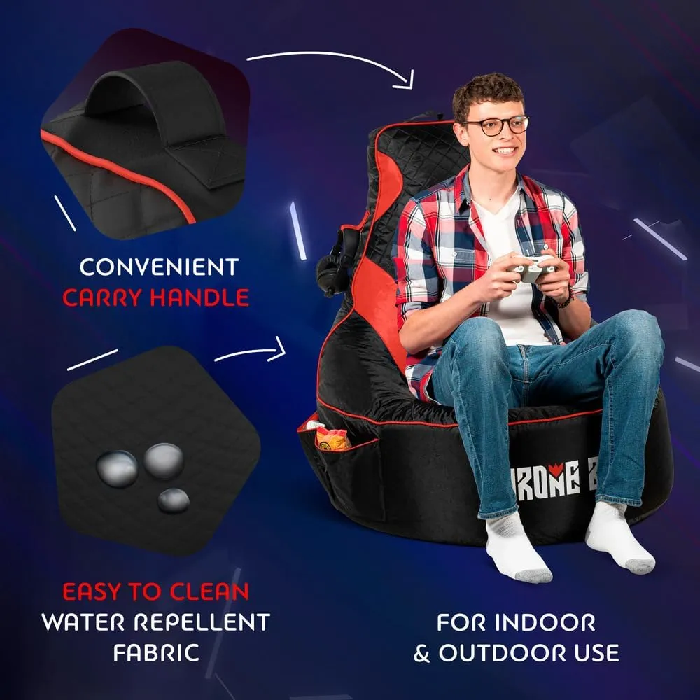 Gaming Bean Bag Chair for Adults and Teens [Cover ONLY No Filling] - High Back Beanbag or Dorm Chair with Cup Holder for Gamers (Black/Red)