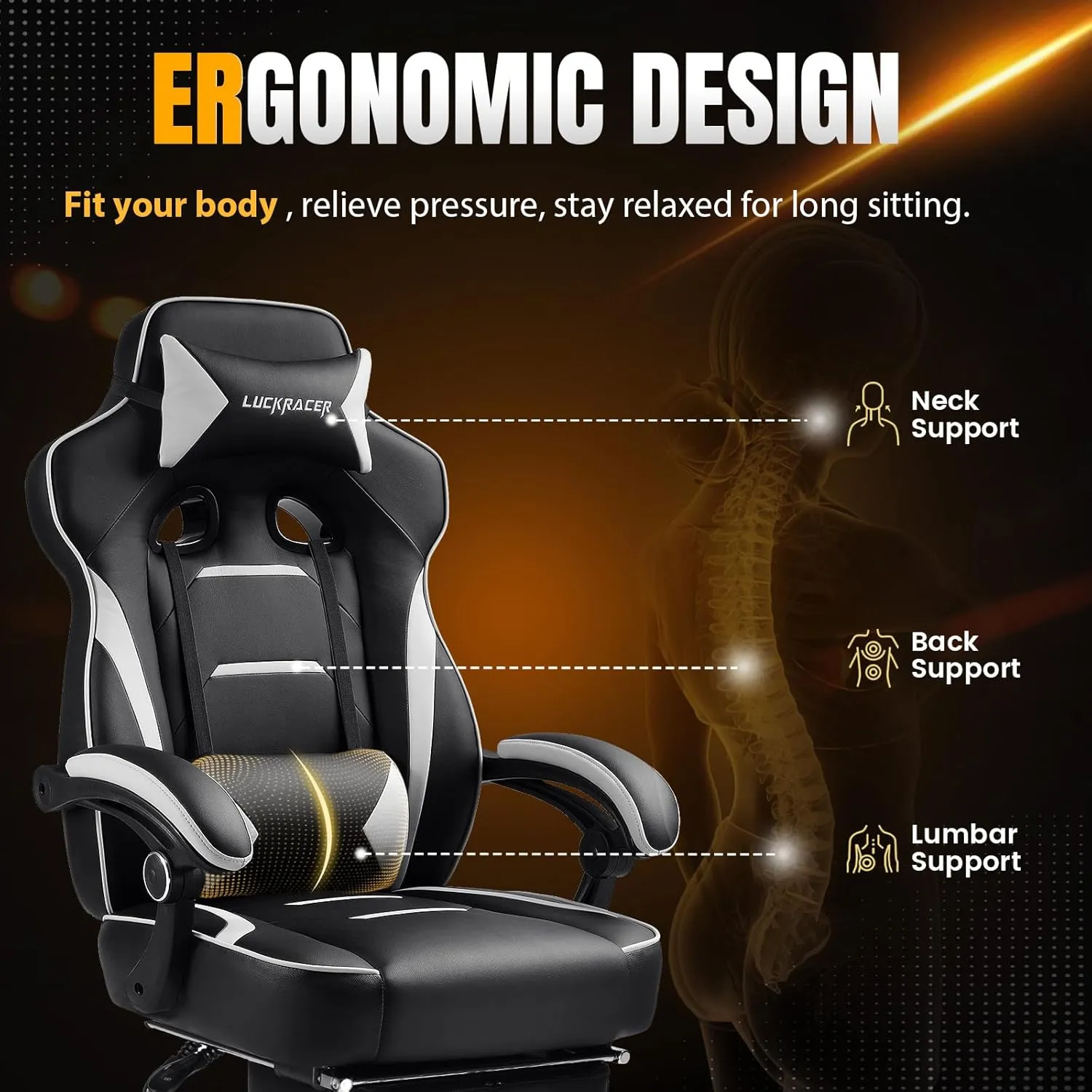 Gaming Chair, Ergonomic Office Computer Chair with Footrest, 350Lb Heavy Duty for Adults, High Back Lumbar Support, Swivel Seat, Recliner(White)