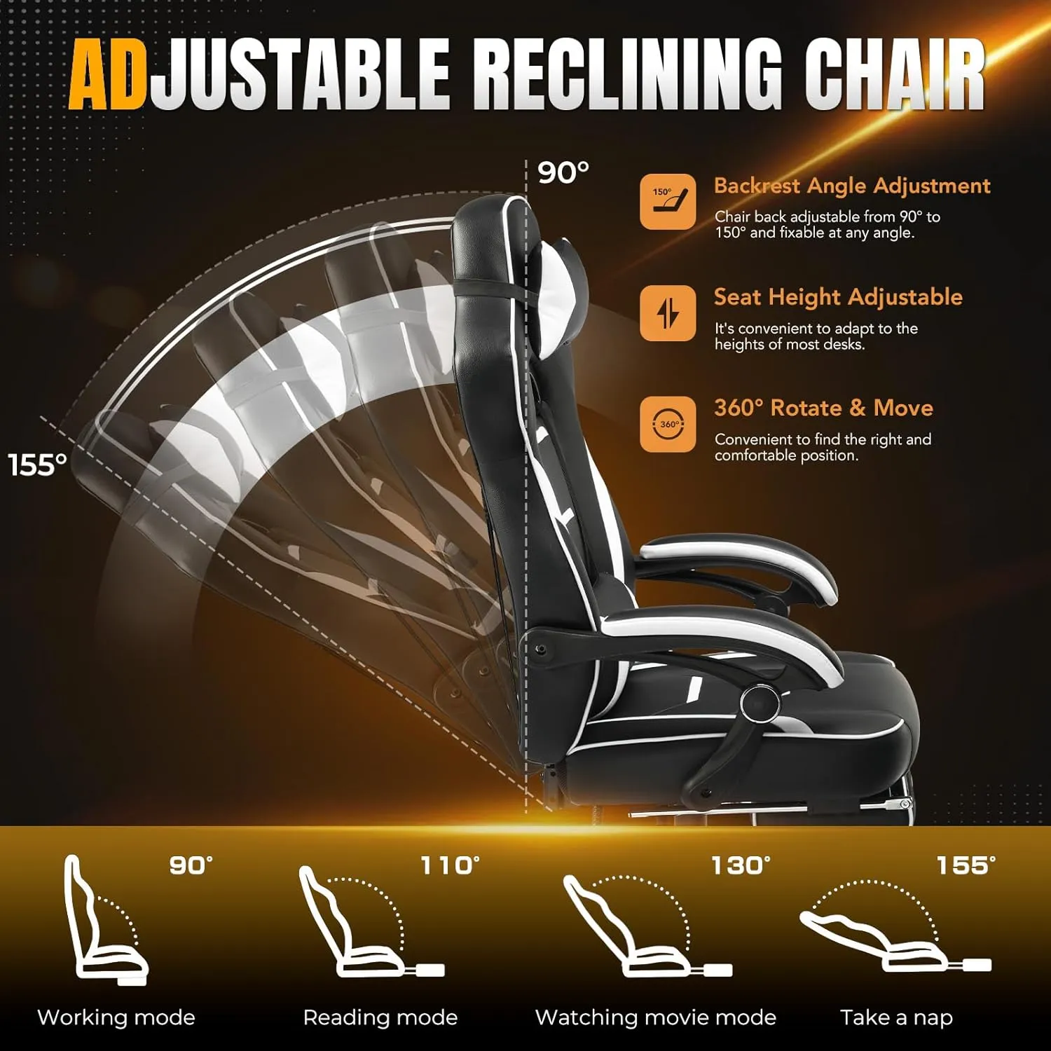 Gaming Chair, Ergonomic Office Computer Chair with Footrest, 350Lb Heavy Duty for Adults, High Back Lumbar Support, Swivel Seat, Recliner(White)
