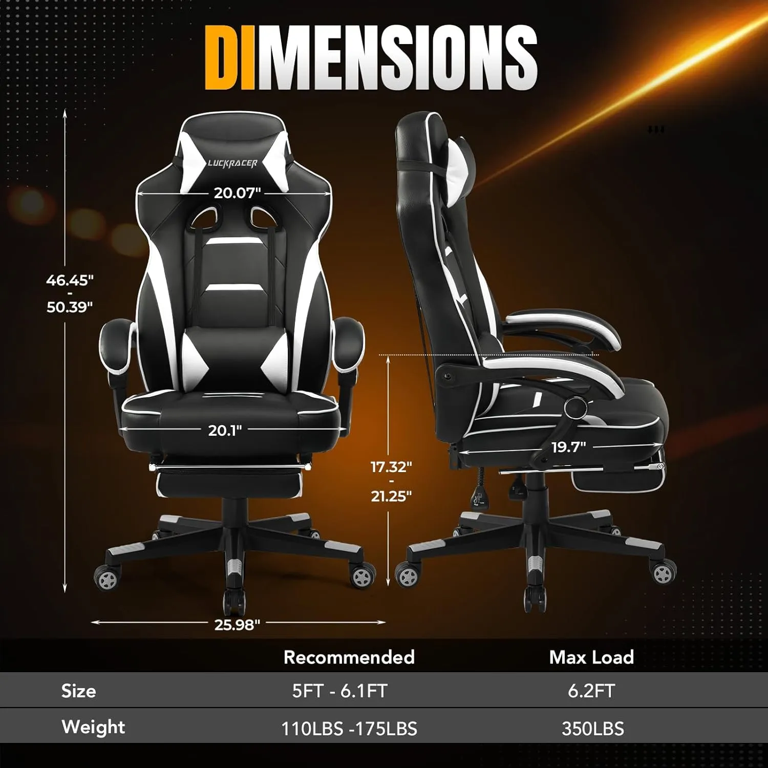 Gaming Chair, Ergonomic Office Computer Chair with Footrest, 350Lb Heavy Duty for Adults, High Back Lumbar Support, Swivel Seat, Recliner(White)