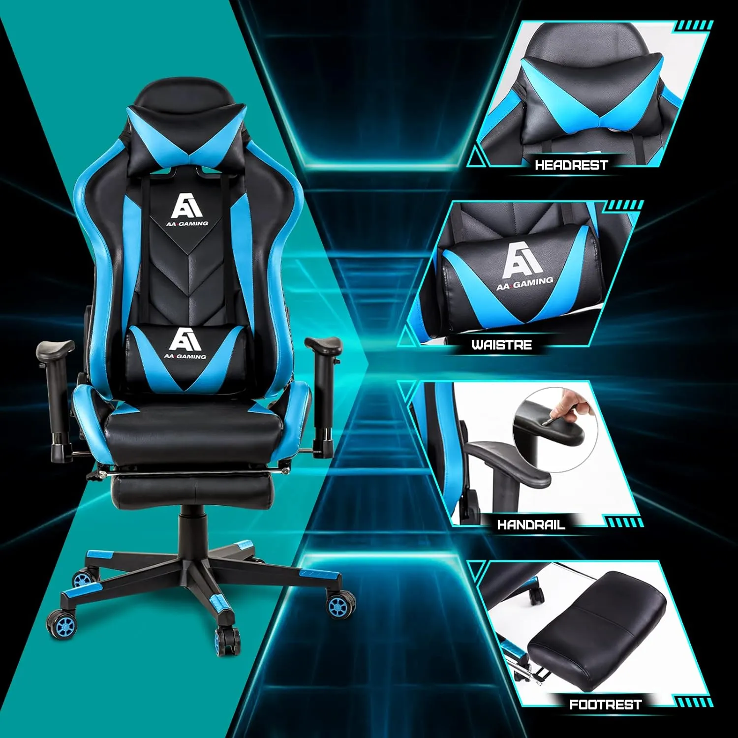Gaming Chair High Back Ergonomic Computer Racing Chair Adjustable Office Chair with Footrest, Lumbar Support Swivel Chair - Upgraded Version BlackBlue