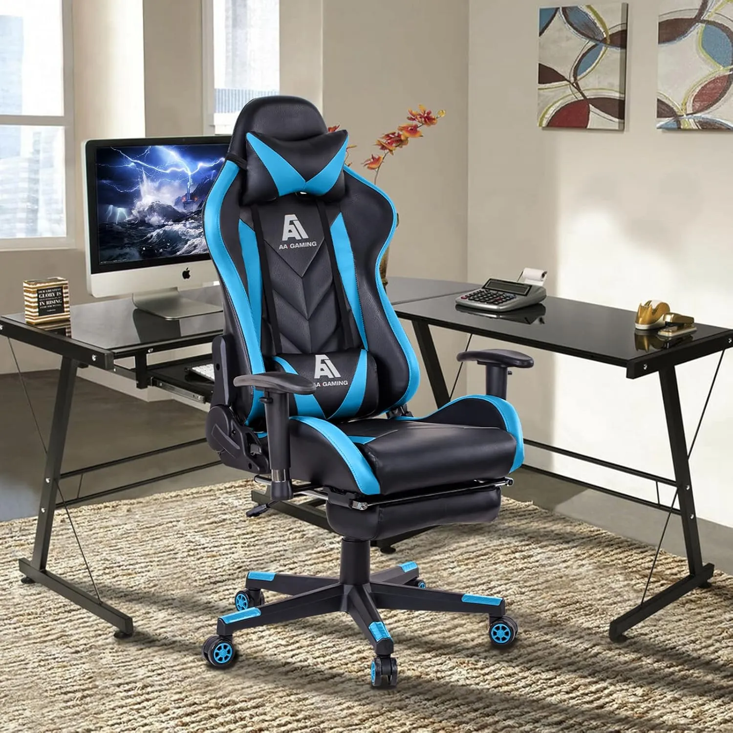 Gaming Chair High Back Ergonomic Computer Racing Chair Adjustable Office Chair with Footrest, Lumbar Support Swivel Chair - Upgraded Version BlackBlue