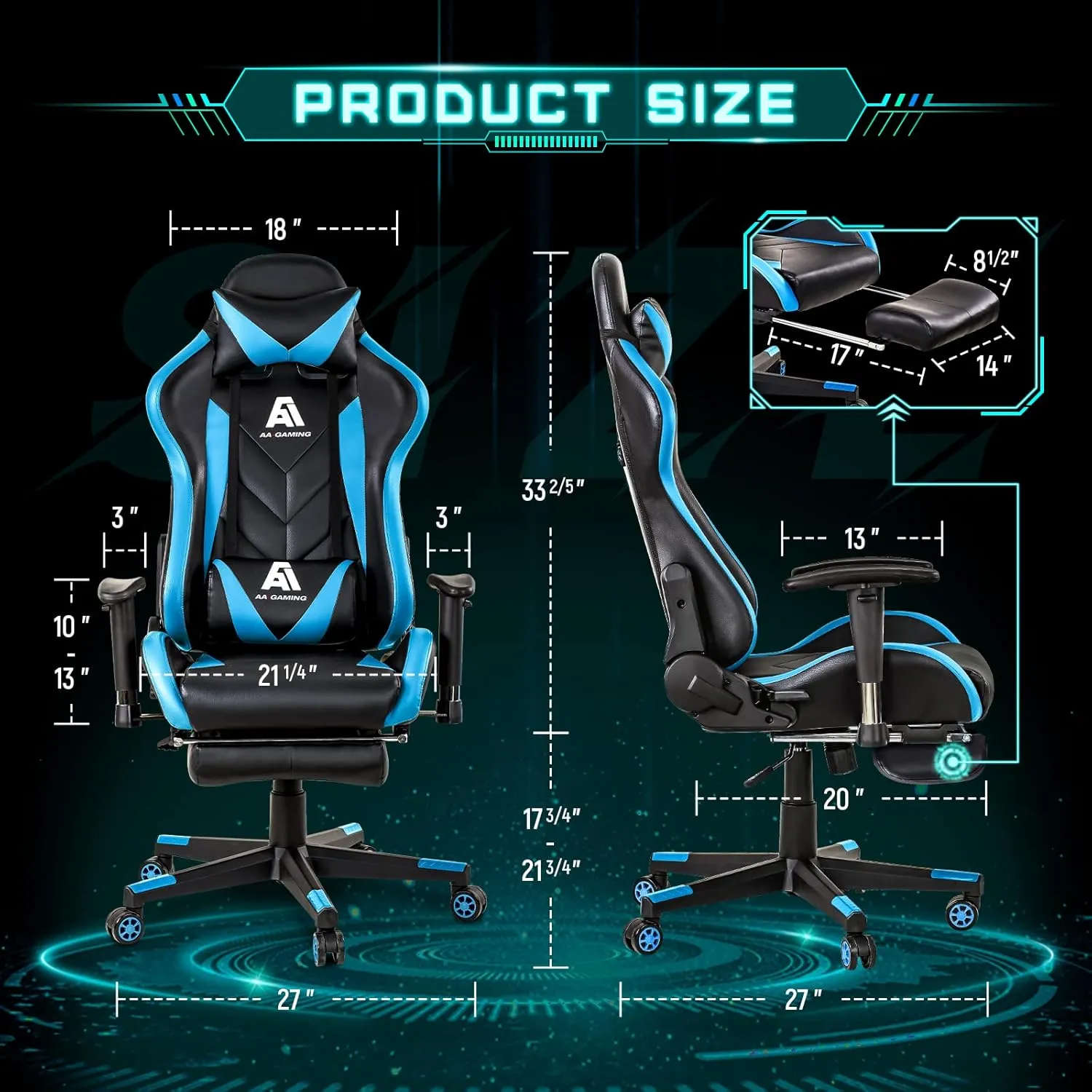 Gaming Chair High Back Ergonomic Computer Racing Chair Adjustable Office Chair with Footrest, Lumbar Support Swivel Chair - Upgraded Version BlackBlue