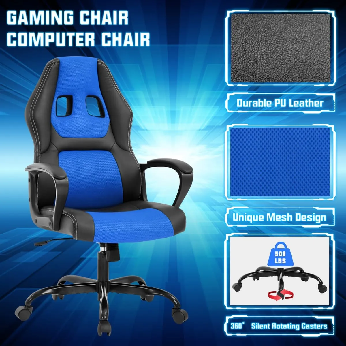 Gaming Chair PC Computer Chair Office Chair for Adult Teen Kids, Ergonomic PU Leather Gamer Chair with Lumbar Support High Back Adjustable Rolling Swivel Desk Chair, Blue