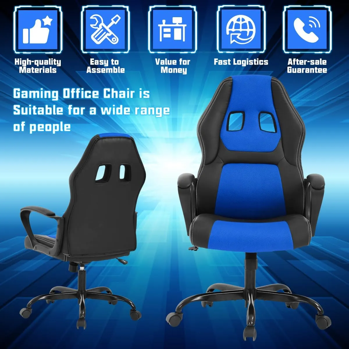 Gaming Chair PC Computer Chair Office Chair for Adult Teen Kids, Ergonomic PU Leather Gamer Chair with Lumbar Support High Back Adjustable Rolling Swivel Desk Chair, Blue