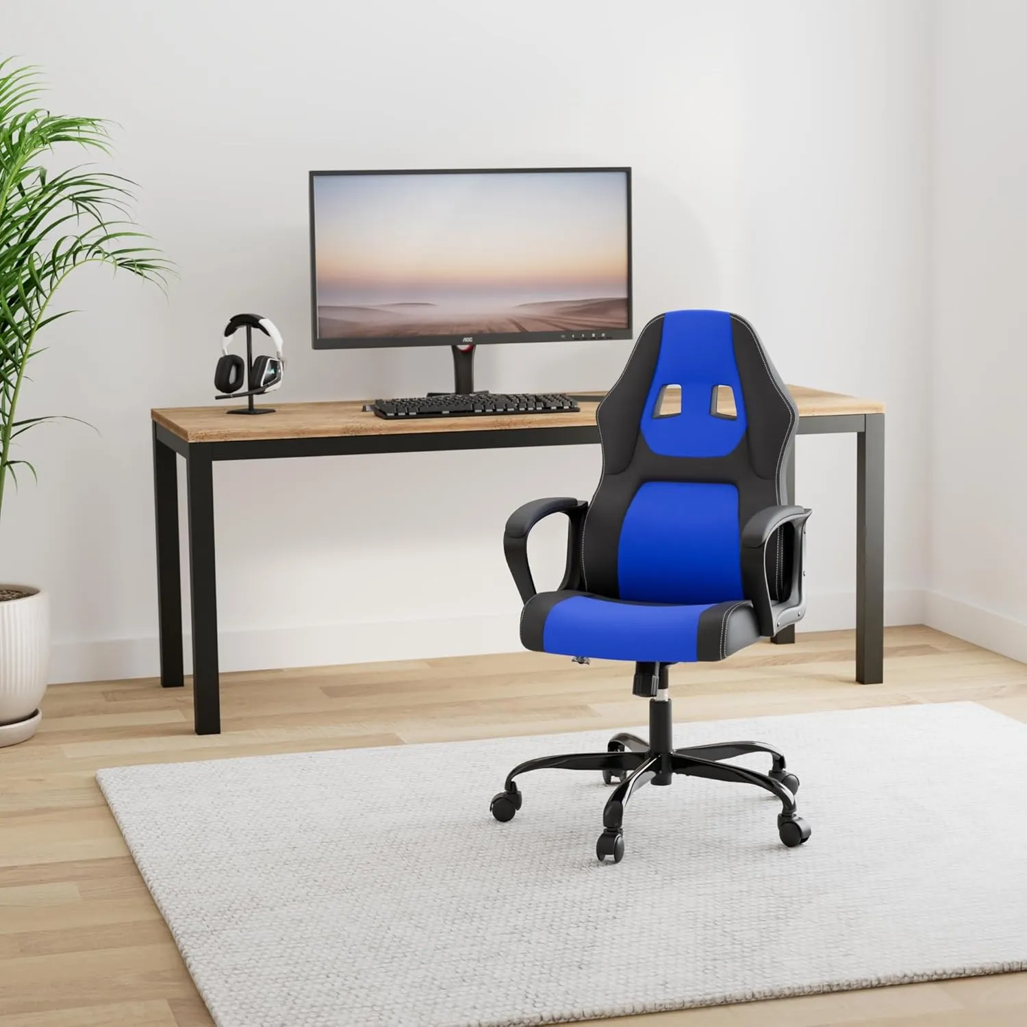 Gaming Chair PC Computer Chair Office Chair for Adult Teen Kids, Ergonomic PU Leather Gamer Chair with Lumbar Support High Back Adjustable Rolling Swivel Desk Chair, Blue