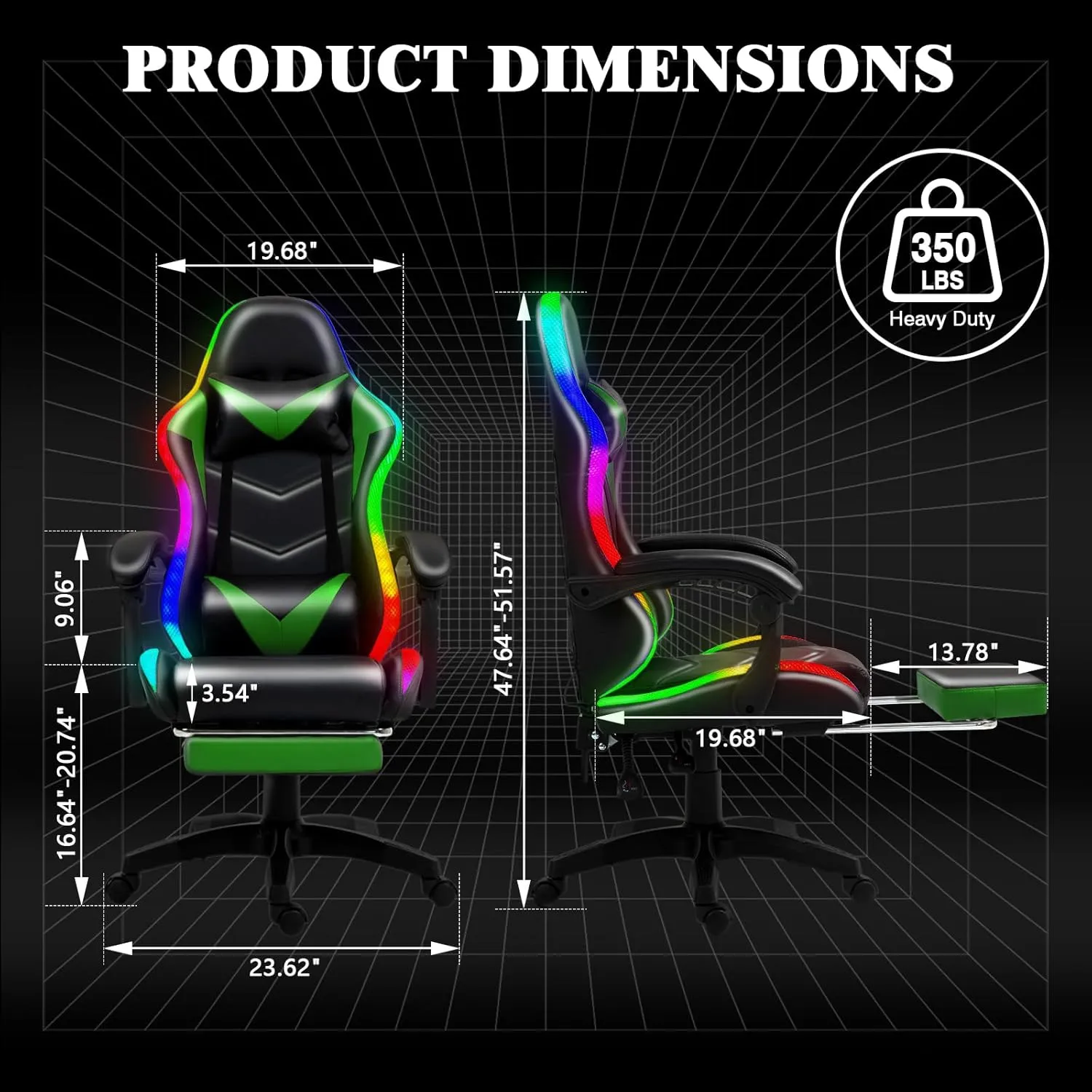Gaming Chair, Racing Style RGB LED Lights Gaming Chairs for Adults and Kids, Lumbar Massager Gamer Chair, High Back Reclining Computer Chair with Footrest and Headrest (Black/Green)