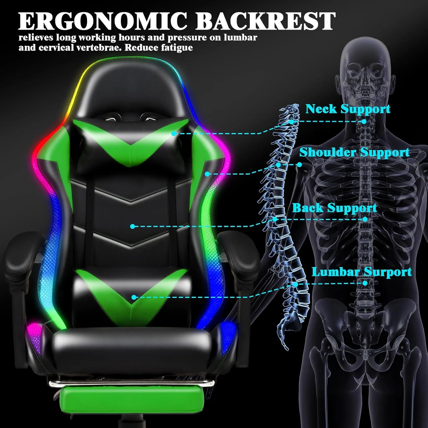 Gaming Chair, Racing Style RGB LED Lights Gaming Chairs for Adults and Kids, Lumbar Massager Gamer Chair, High Back Reclining Computer Chair with Footrest and Headrest (Black/Green)