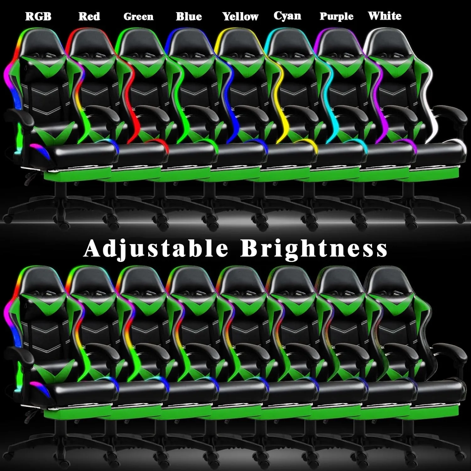 Gaming Chair, Racing Style RGB LED Lights Gaming Chairs for Adults and Kids, Lumbar Massager Gamer Chair, High Back Reclining Computer Chair with Footrest and Headrest (Black/Green)