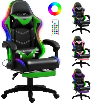 Gaming Chair, Racing Style RGB LED Lights Gaming Chairs for Adults and Kids, Lumbar Massager Gamer Chair, High Back Reclining Computer Chair with Footrest and Headrest (Black/Green)